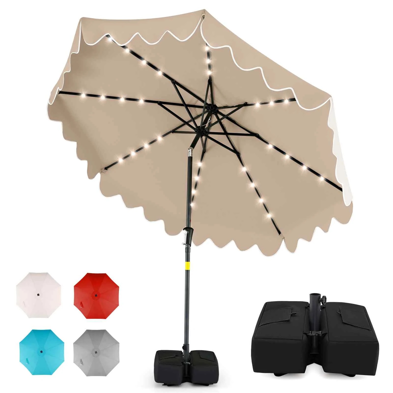 1 Costway 2.7M Outdoor Patio Umbrella Tilt w/32 Solar LED Lights & Weighted Base - Brown, 1 of 2