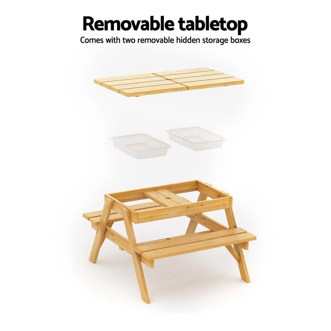 7 Keezi Kids Outdoor Table and Chairs Picnic Bench Umbrella Set Water Sand Pit Box - Natural, 7 of 7