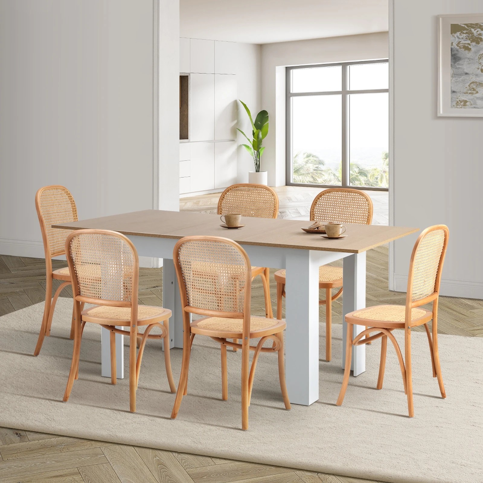 3 Oikiture 160cm Extendable Dining Table with 6PCS Dining Chairs Rattan - Natural, 3 of 9