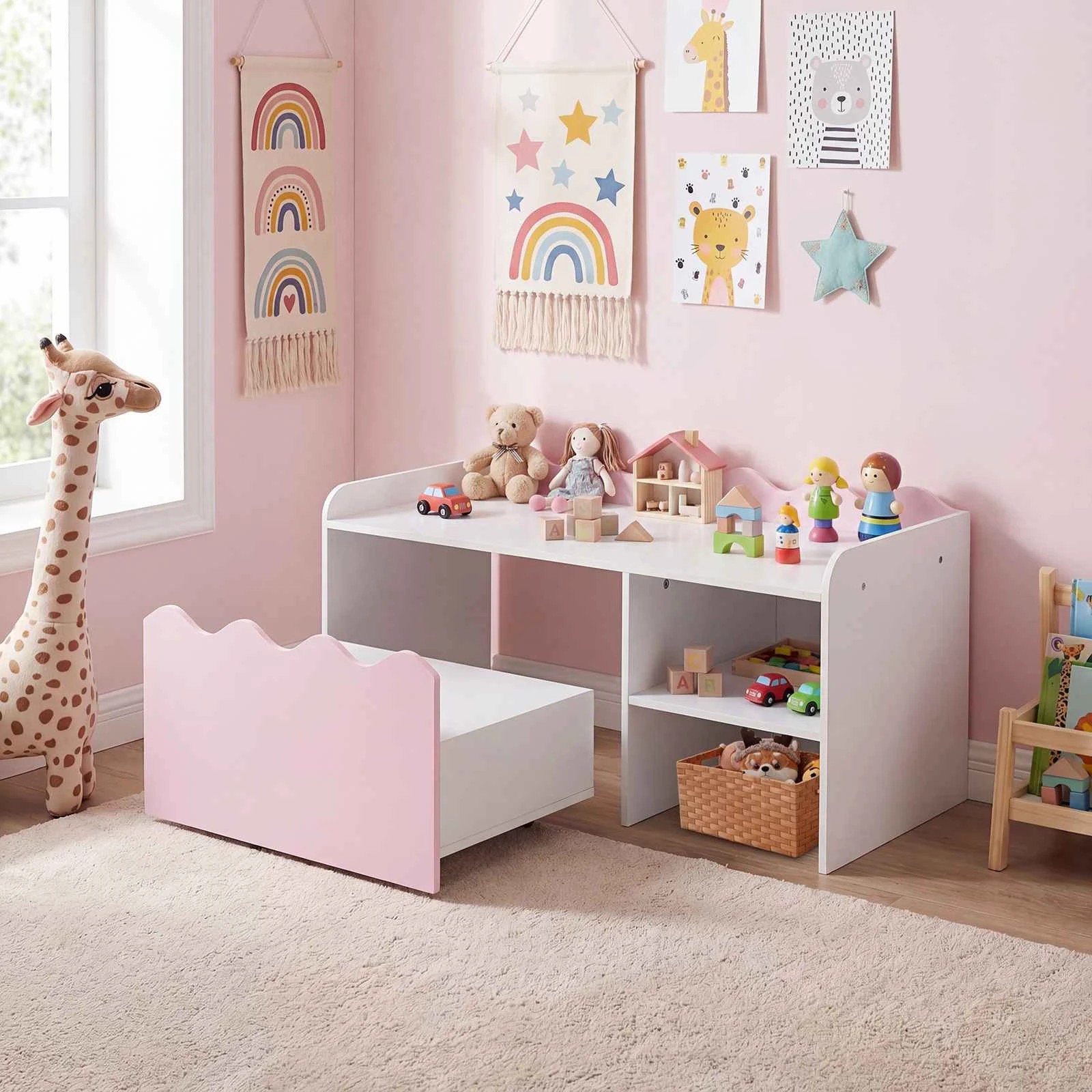 4 Costway Scalloped Bookshelf & Toy Storage Organizer Wooden Book Rack - Pink, 4 of 4