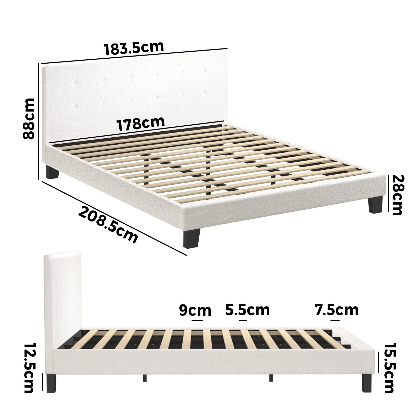 2 Oikiture Bed Frame King Size Bed Platform Boucle - White, 2 of 7