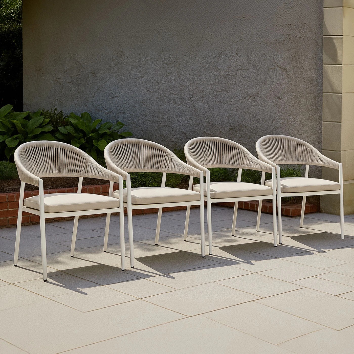 2 Moda Living Fraser White Aluminium Outdoor Dining Chairs with Arms - Beige Rope and Cushion (Set of 4) - White, 2 of 10