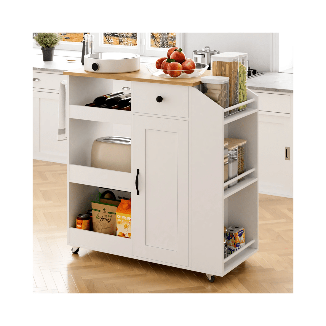 3 Advwin Kitchen Island Cart on Wheels with Charging Station Adjustable Shelves Wine Rack& Wood Top - White, 3 of 8