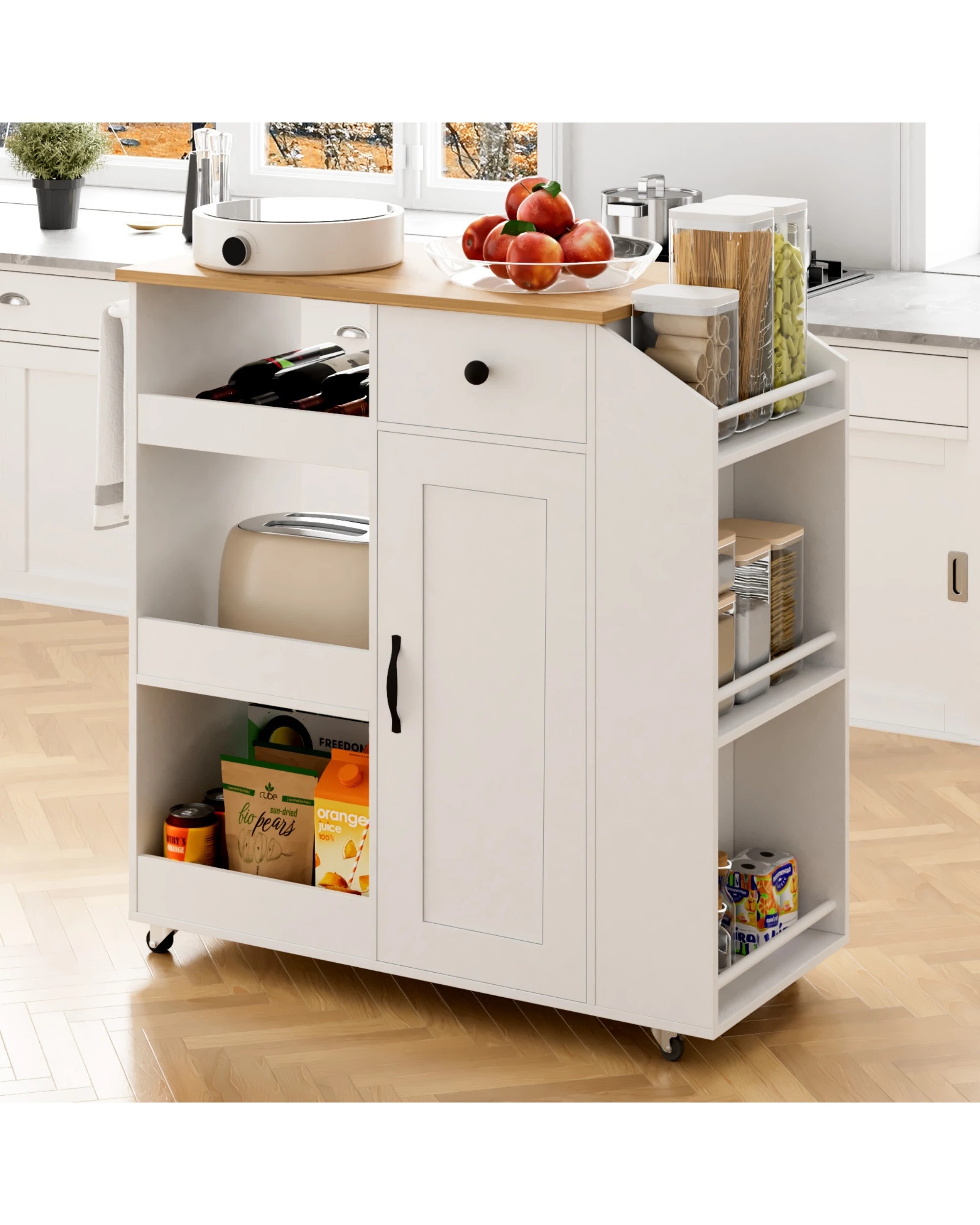 3 Advwin Kitchen Island Cart Rolling Trolley Cabinet on Wheels with Charging Station Adjustable Shelves Wine Rack - White, 3 of 8
