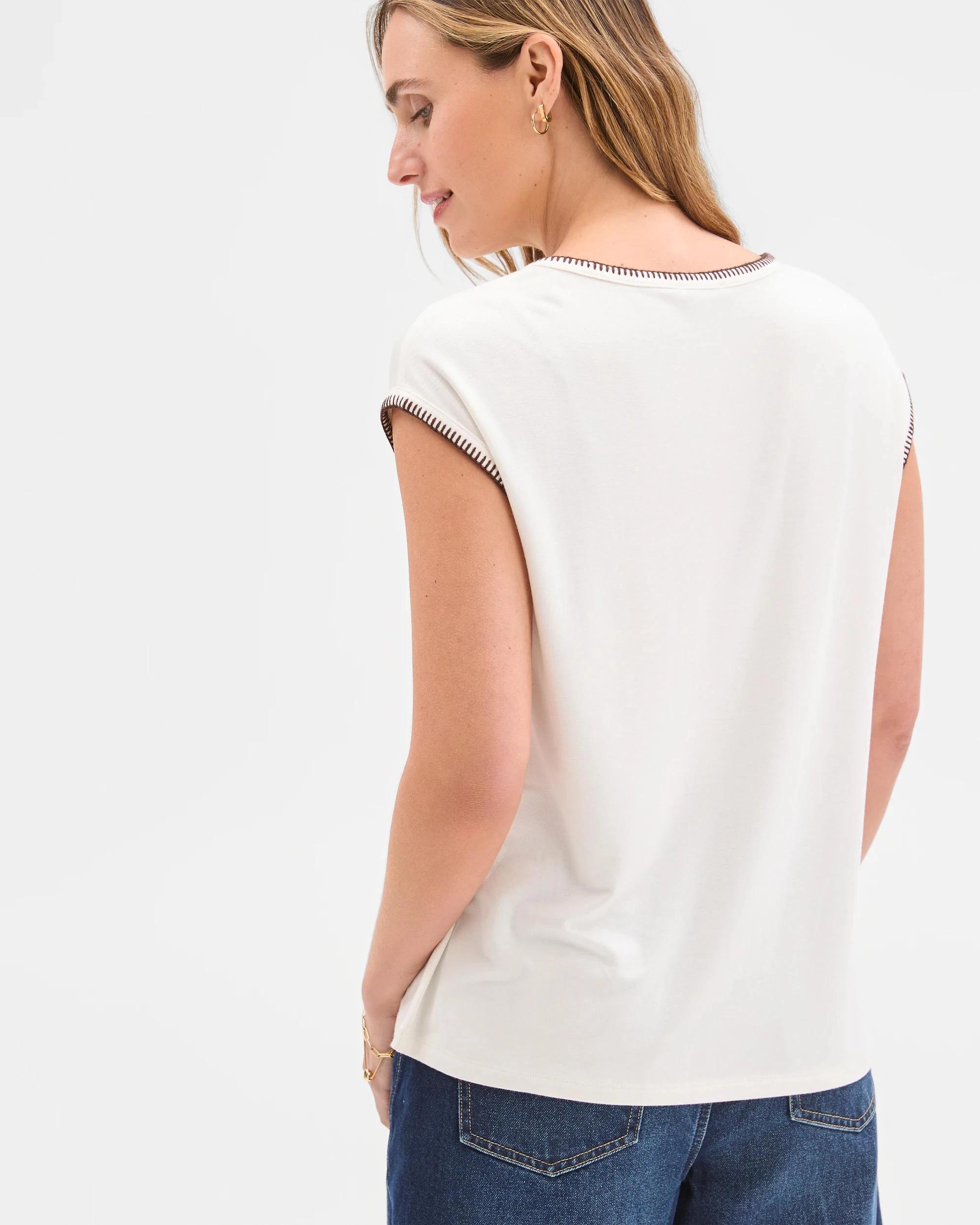 6 Target Woman Short Sleeve Blanket Stitch T-Shirt CLOUD DANCER/ESPRESSO, 6 of 6