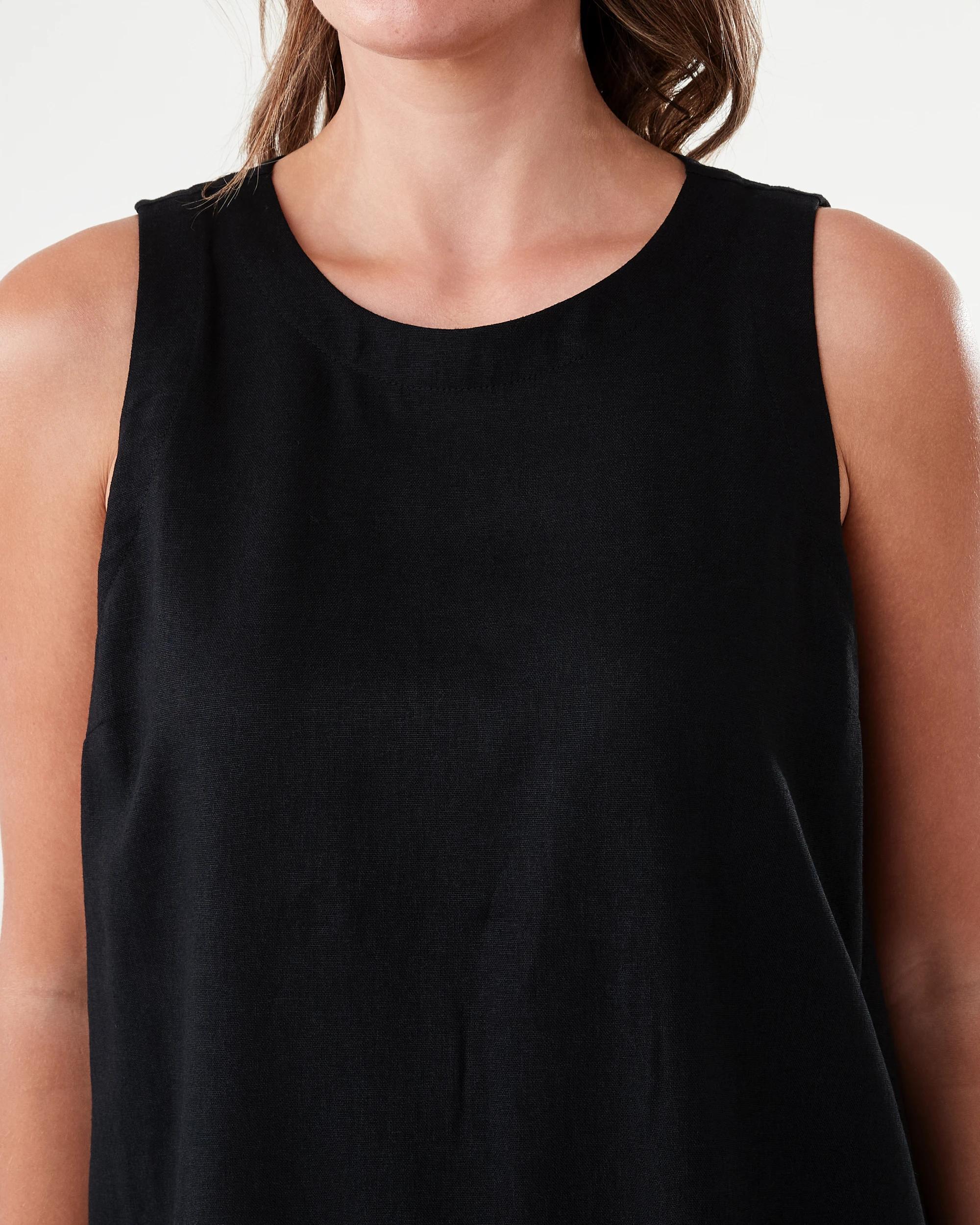 5 Sleeveless Linen Blend Button Detail Mini Dress Black, 5 of 7