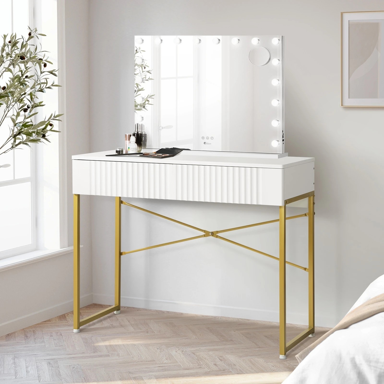 3 Oikiture Dressing Table LED Makeup Mirror 2 Drawers Vanity Desk - White, 3 of 9