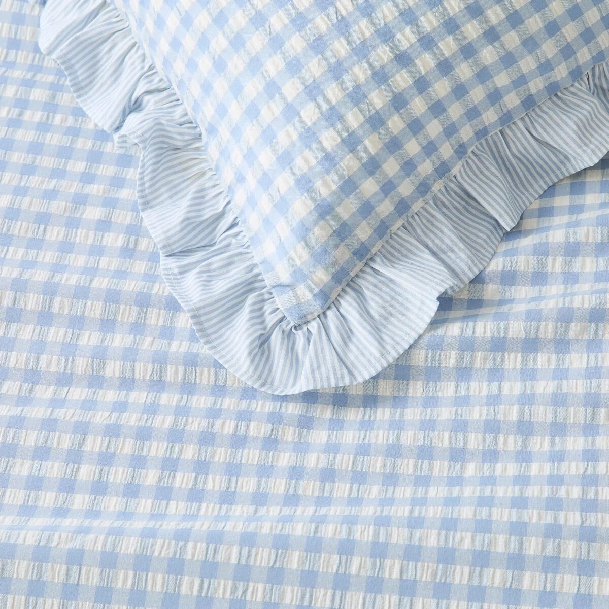 5 Gingham Ruffle Reversible Cotton Quilt Cover Set - Queen Bed, Blue, 5 of 7
