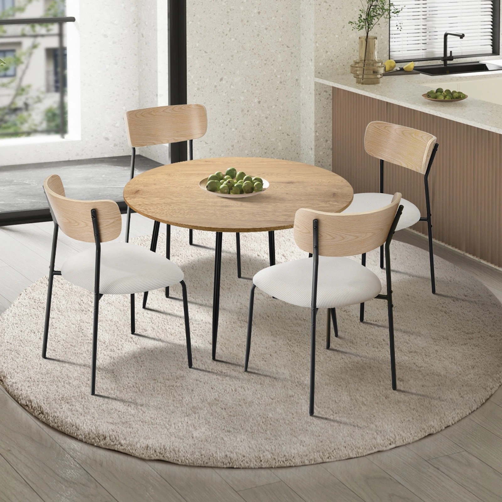 3 Oikiture 1.1m Dining Table Set with Corduroy Chairs 4-Seater Kitchen Furniture - Natural, 3 of 9