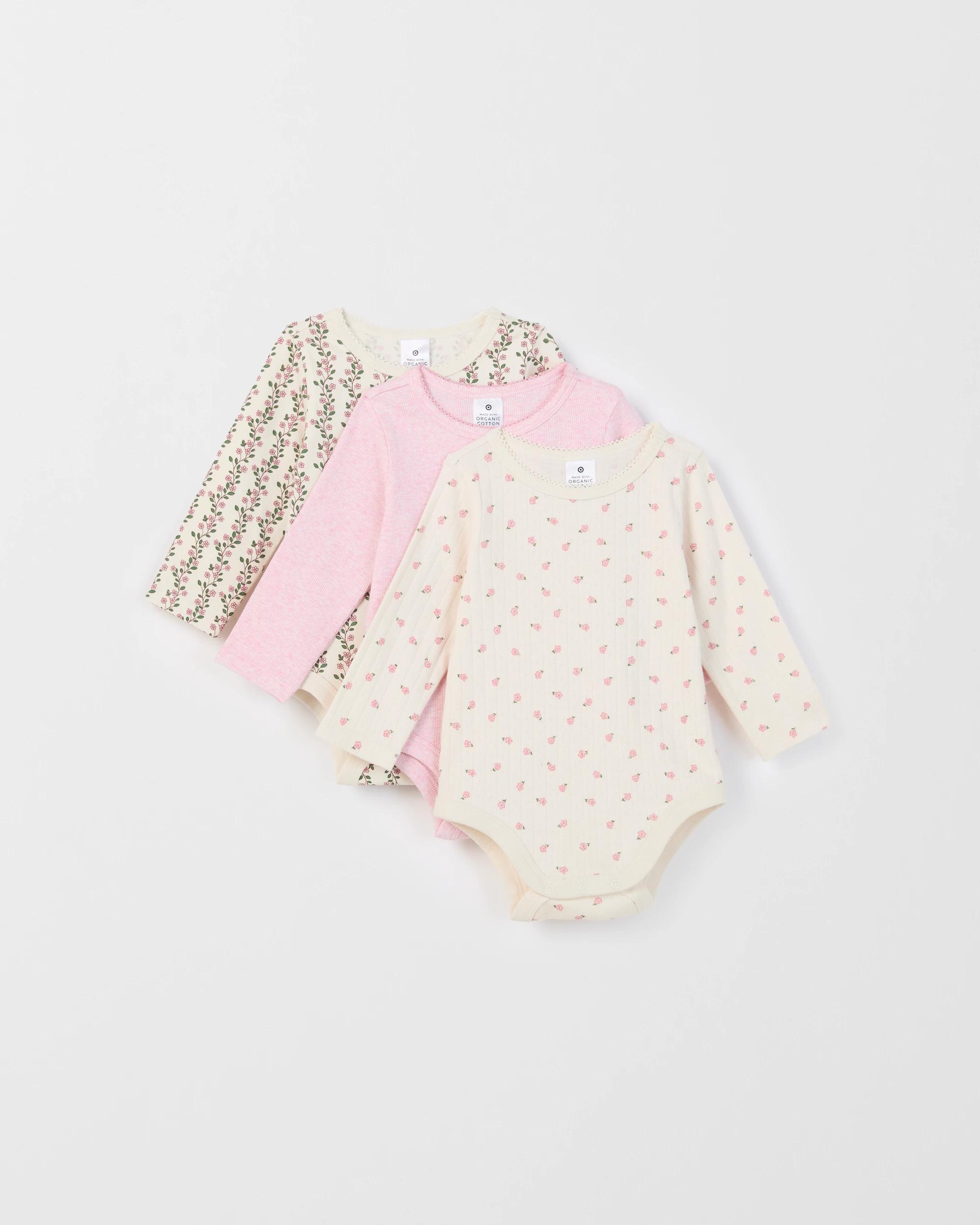 1 Target Baby Baby Organic Cotton 3 Pack Long Sleeve Pointelle/Rib Bodysuit TRAILING FLORAL, 1 of 5