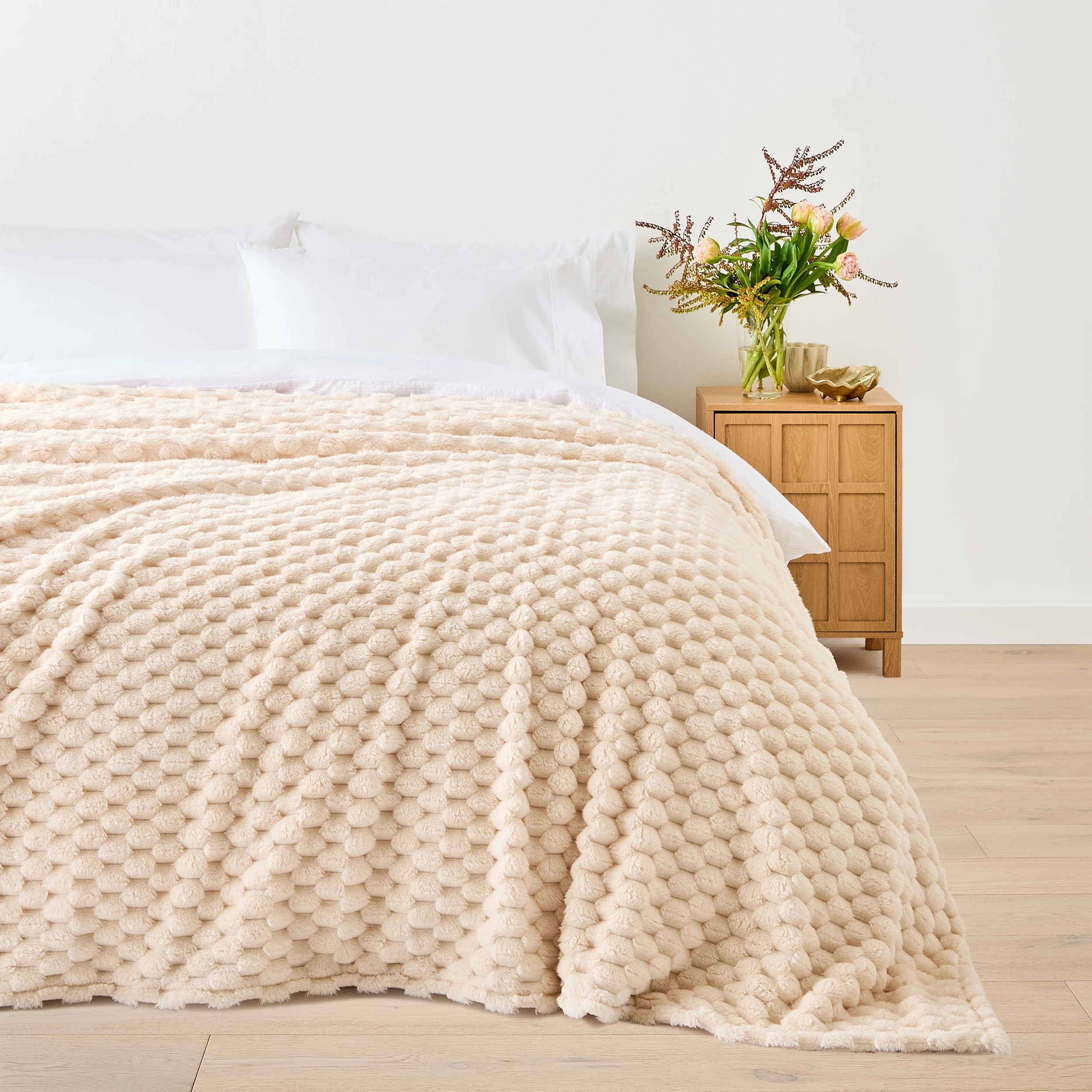 1 Plush Jacquard Blanket - Queen/King Bed, Ivory, 1 of 6