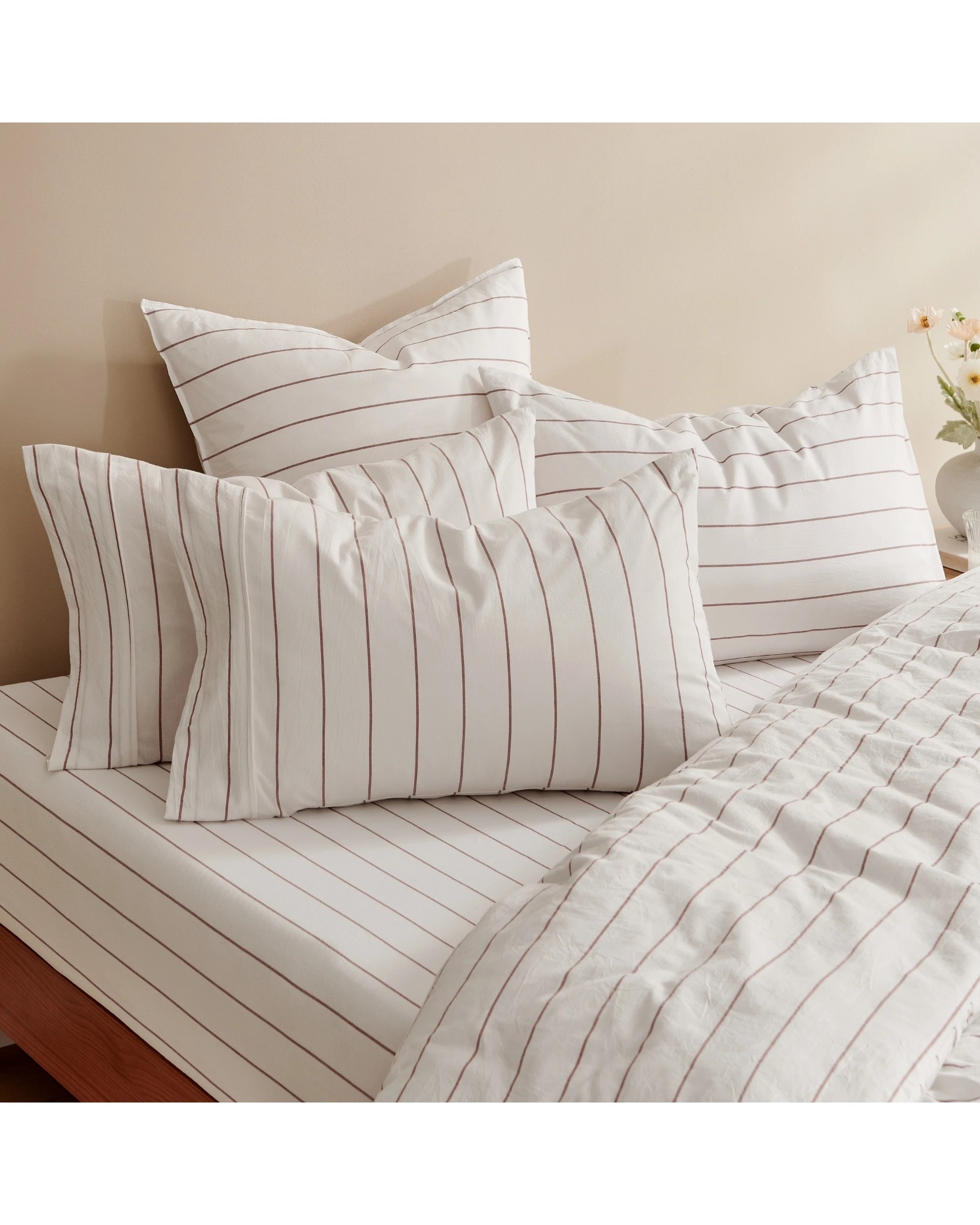 6 Dreamaker Rumi Stripe Washed Cotton Fitted Sheet Set - King Single Bed - White with Rust, 6 of 6