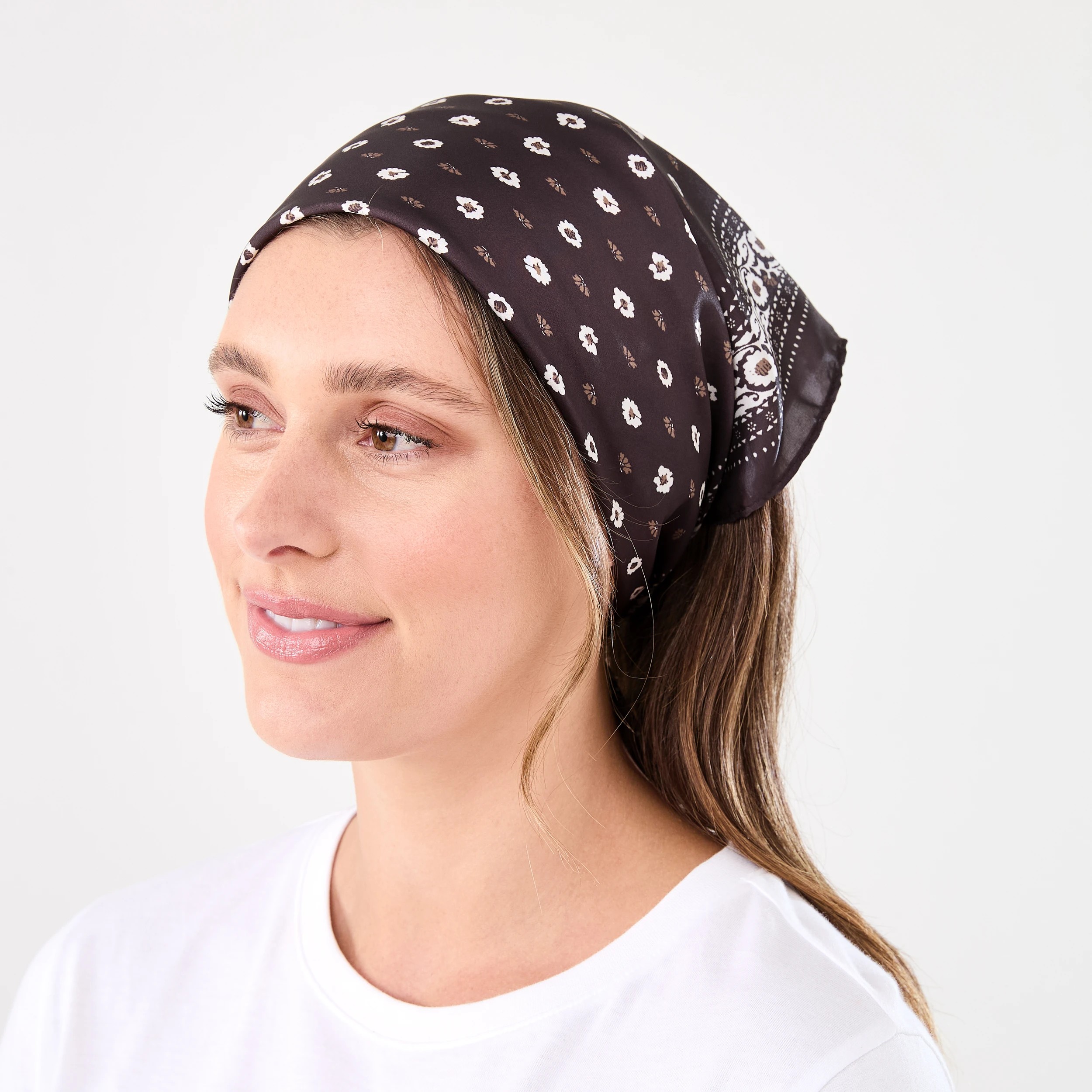 3 Ditsy Flower Print Hair Scarf - Brown, 3 of 6