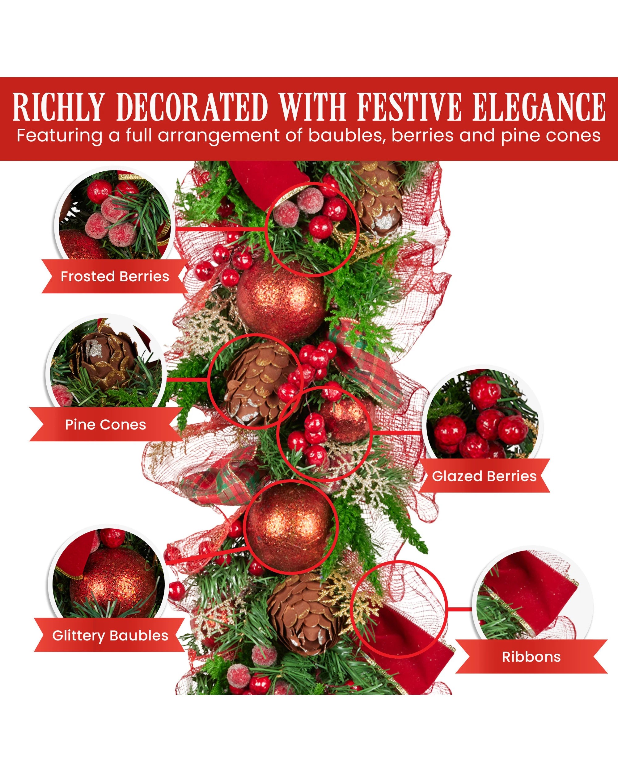 5 Christabelle 1m Christmas Garland With Red Berries Pine Cones Baubles Berries Tree Decoration Ornament, 5 of 8