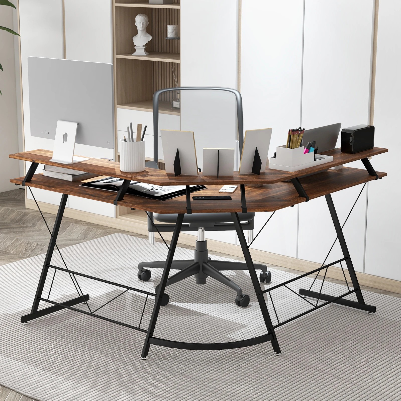 3 Costway L-shaped Computer Desk Corner Gaming Desk w/Power Outlet, 3 of 6