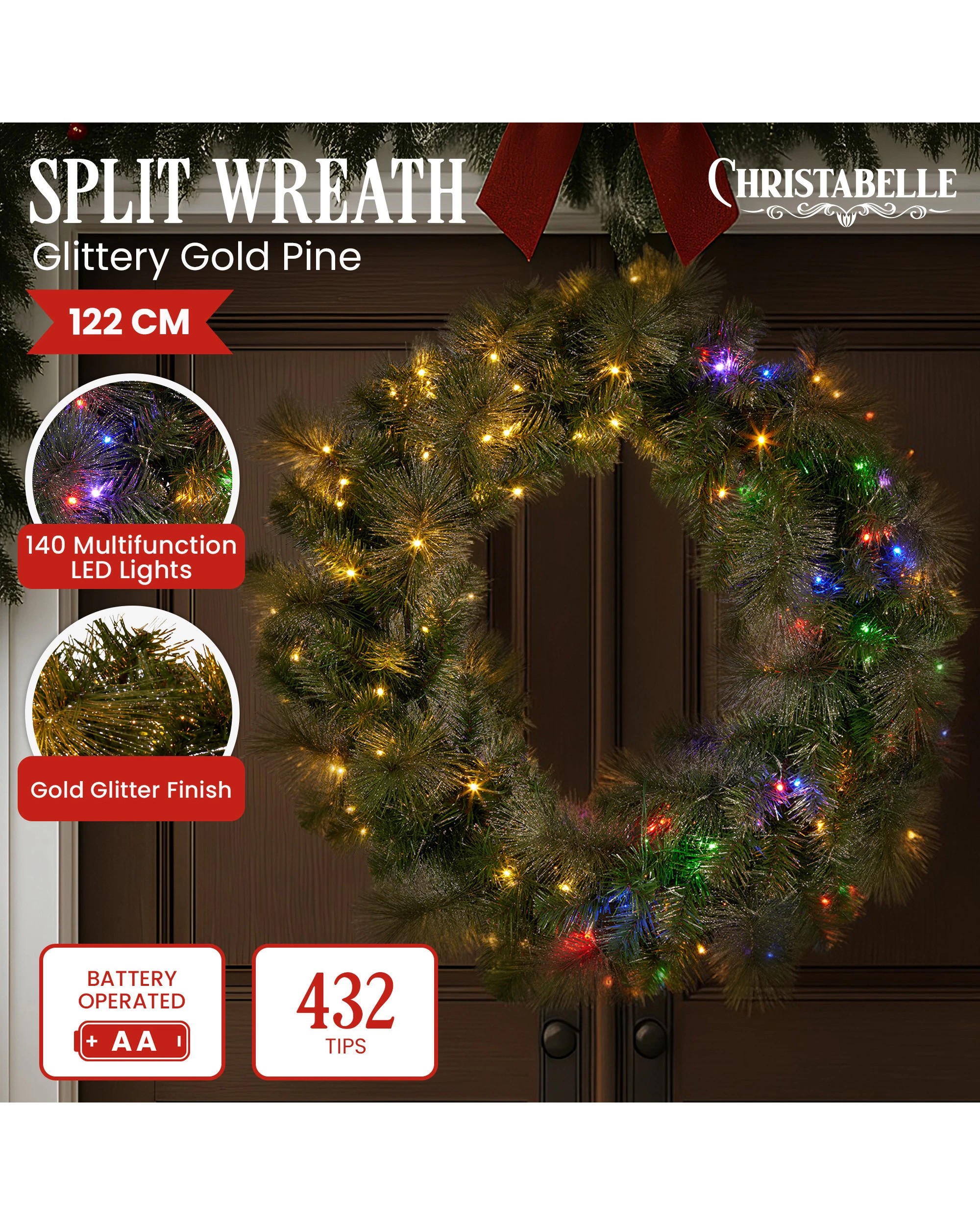 2 Christabelle 1.22m Split 2pc Christmas Wreath With Led Lights Pine Dual Front Doors Decoration Ornament, 2 of 8