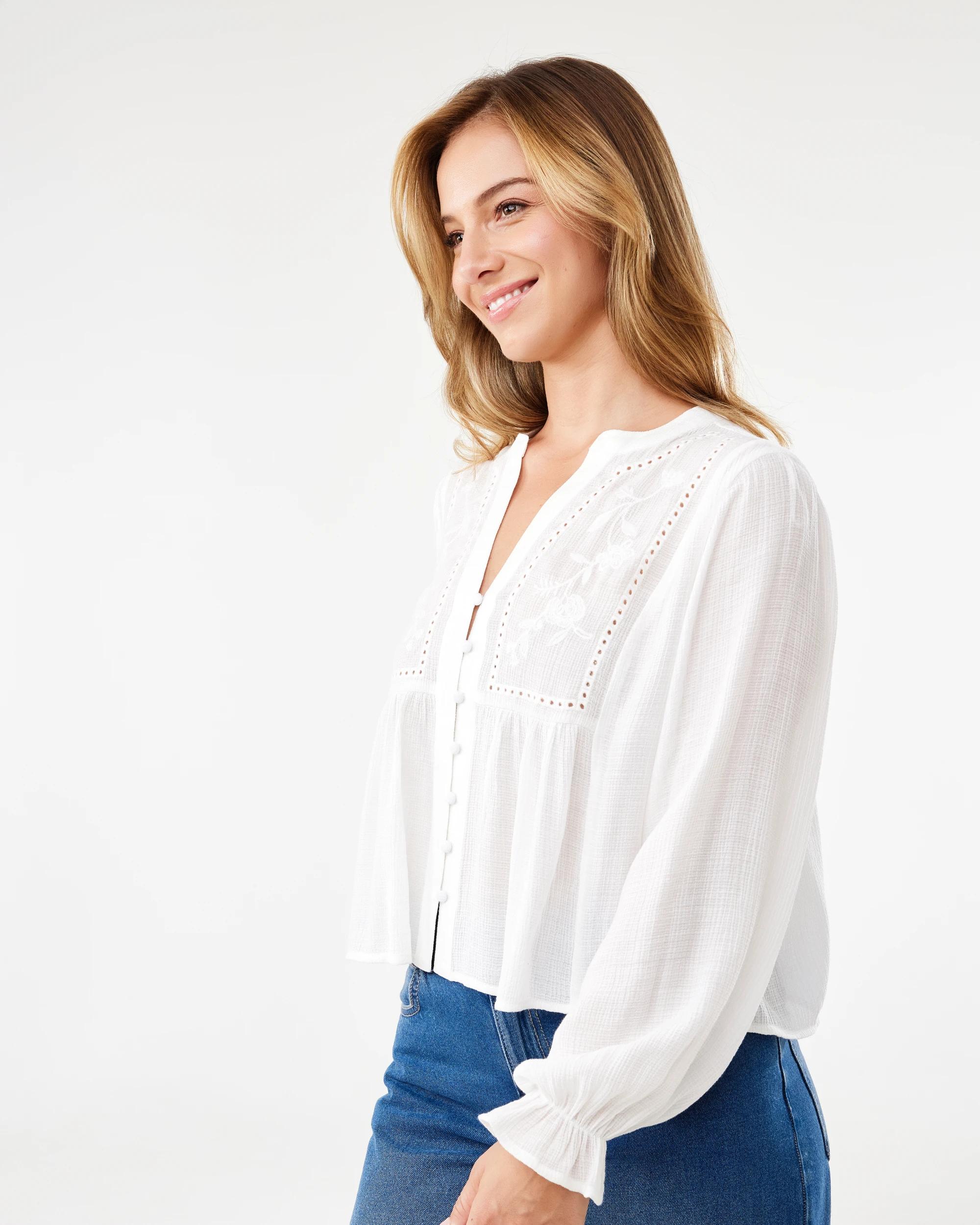 2 Long Sleeve Boho Detail Top White, 2 of 7