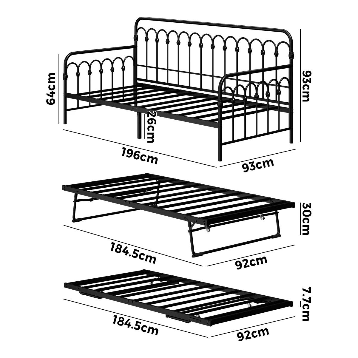 9 Oikiture Trundle Bed Frame Daybed Single Size Base Metal Single Beds X2
 - Black, 9 of 9