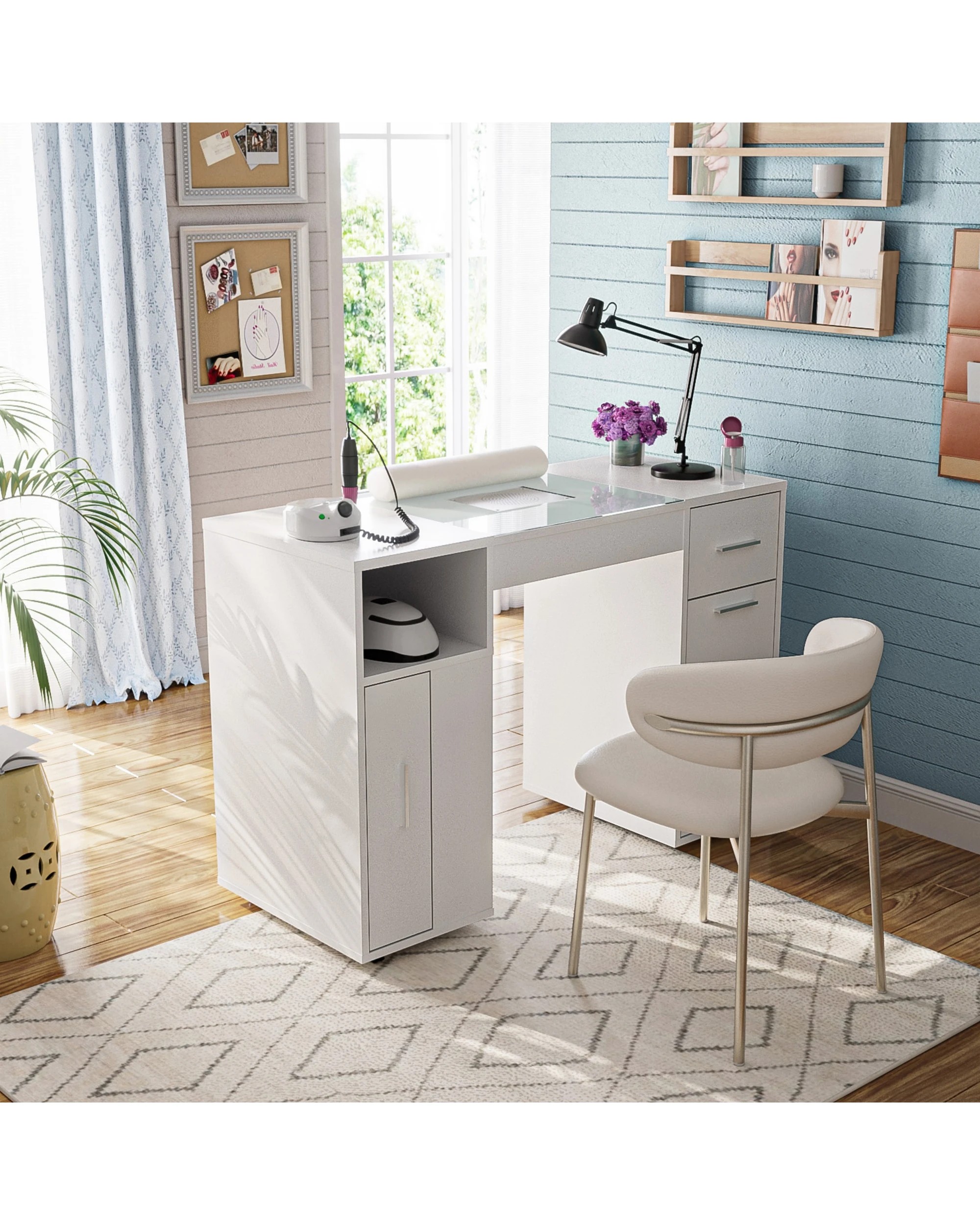 2 Advwin Manicure Table Vanity Desk With Dust Collector Glass Top Storage Cabinet - White, 2 of 4