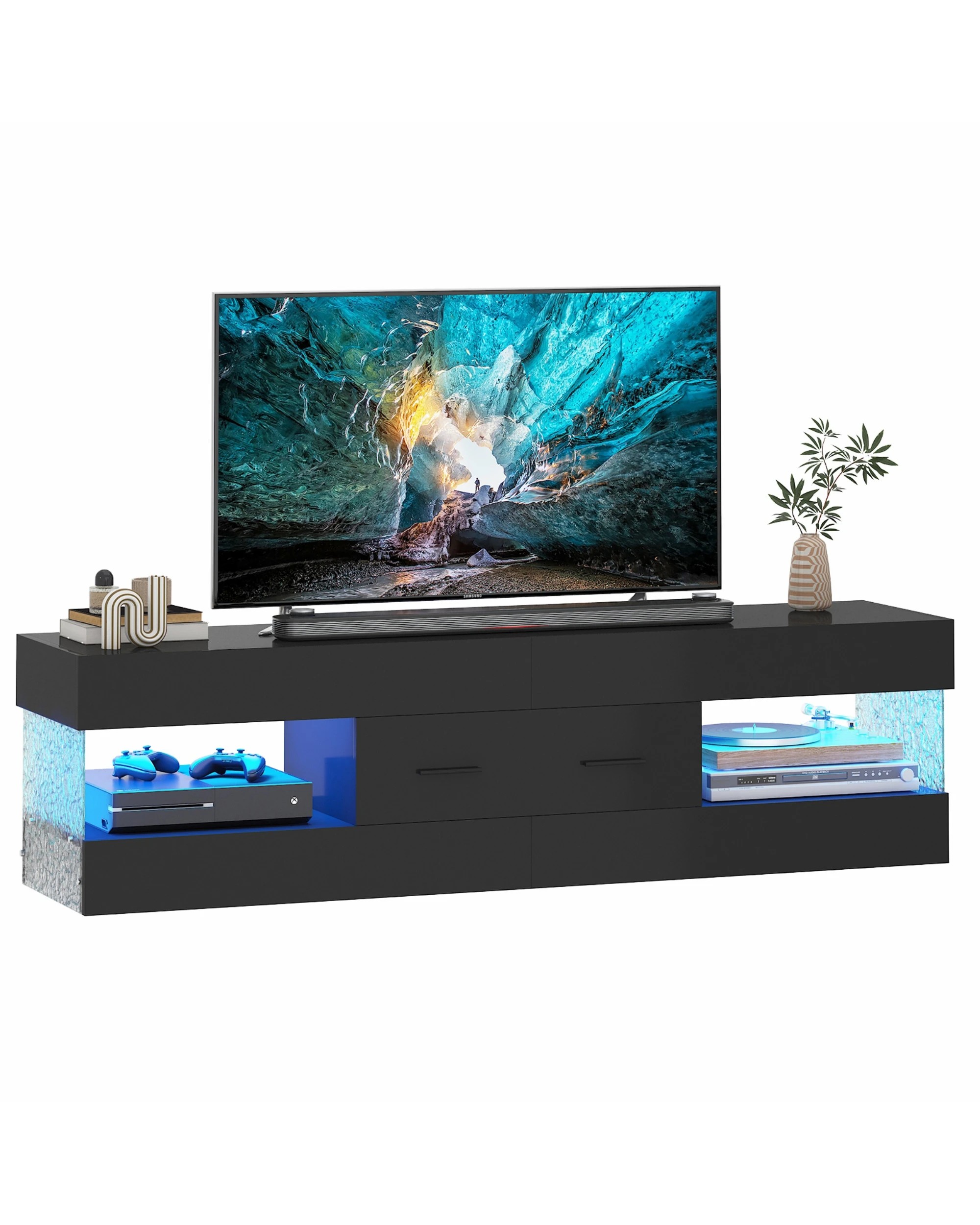 4 Advwin 152cm TV Cabinet LED Entertainment Unit Stand w/ Water Corrugated Side Panels & Drawer, 4 of 8