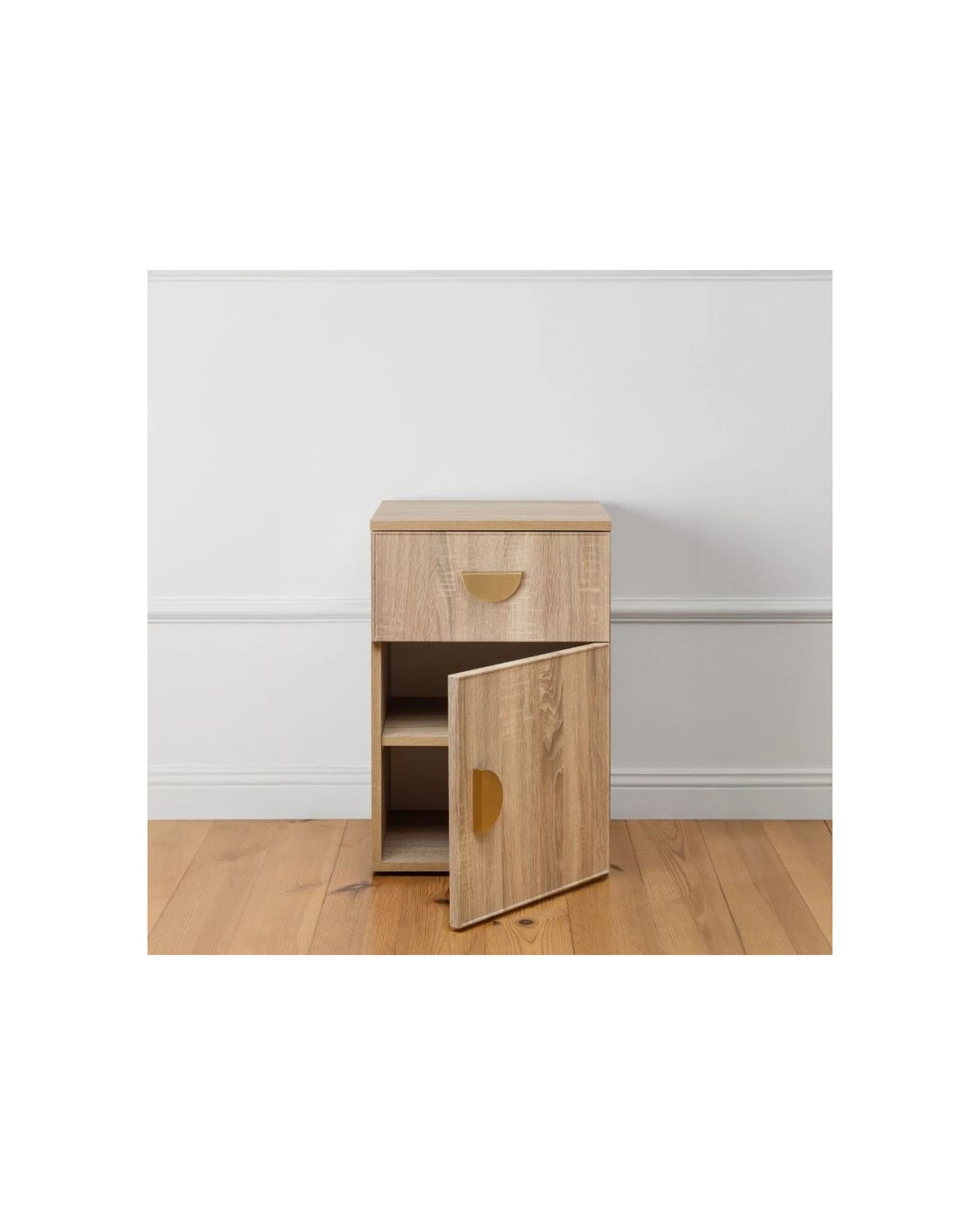 3 European Cabinetry Porto Oak Slim Bedside Table Brass Half Moon Handle - Natural, 3 of 4