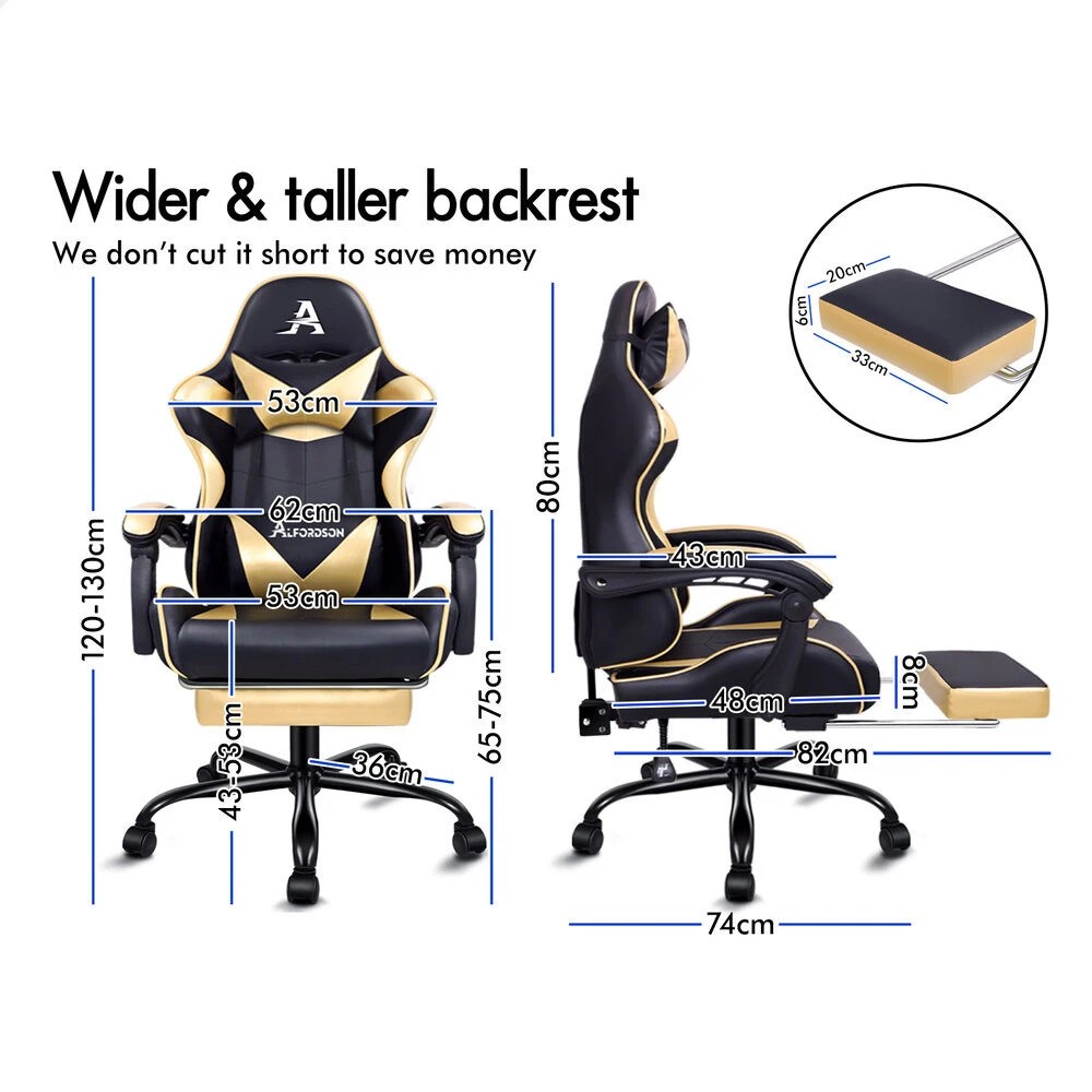 8 Alfordson Gaming Chair Office Massage Computer Racing Seat PU Leather - Gold, 8 of 10