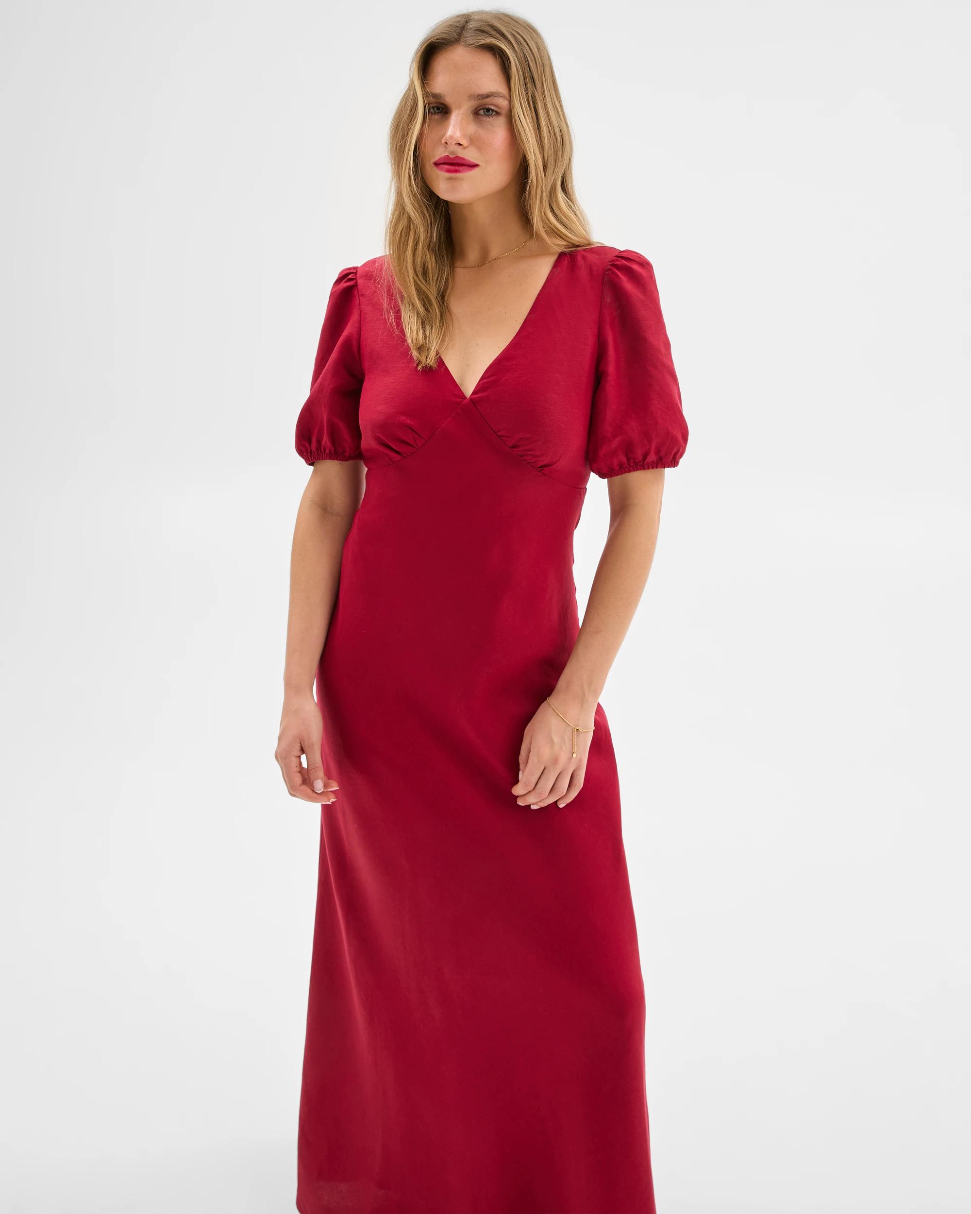 4 European Linen Blend Puff Sleeve Maxi Dress - Lily Loves RHUBARB, 4 of 6