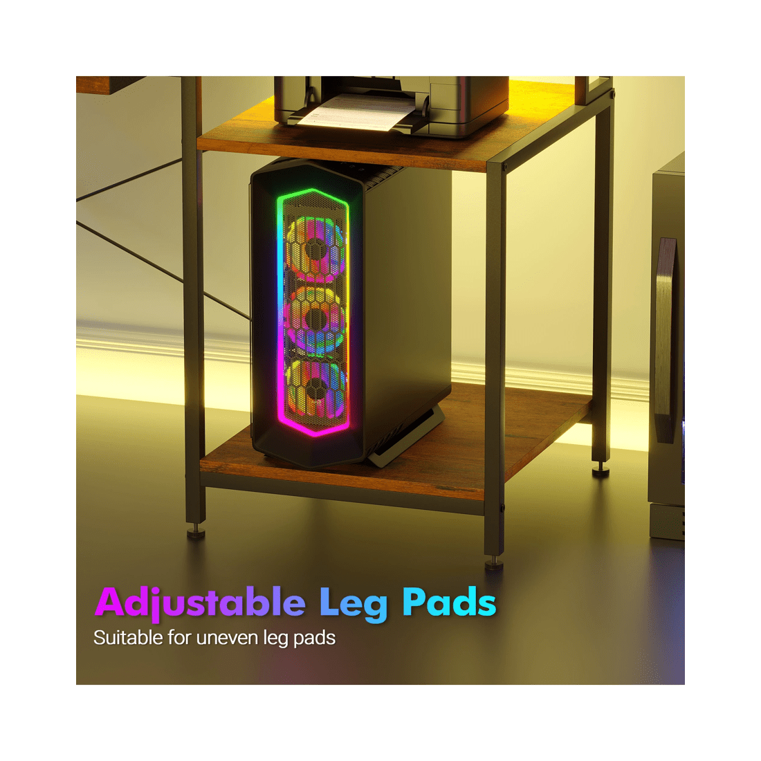 10 Advwin Gaming Desk With Led Lights Power Outlets Reversible Printer Storage Shelf 120cm Walnut, 10 of 10