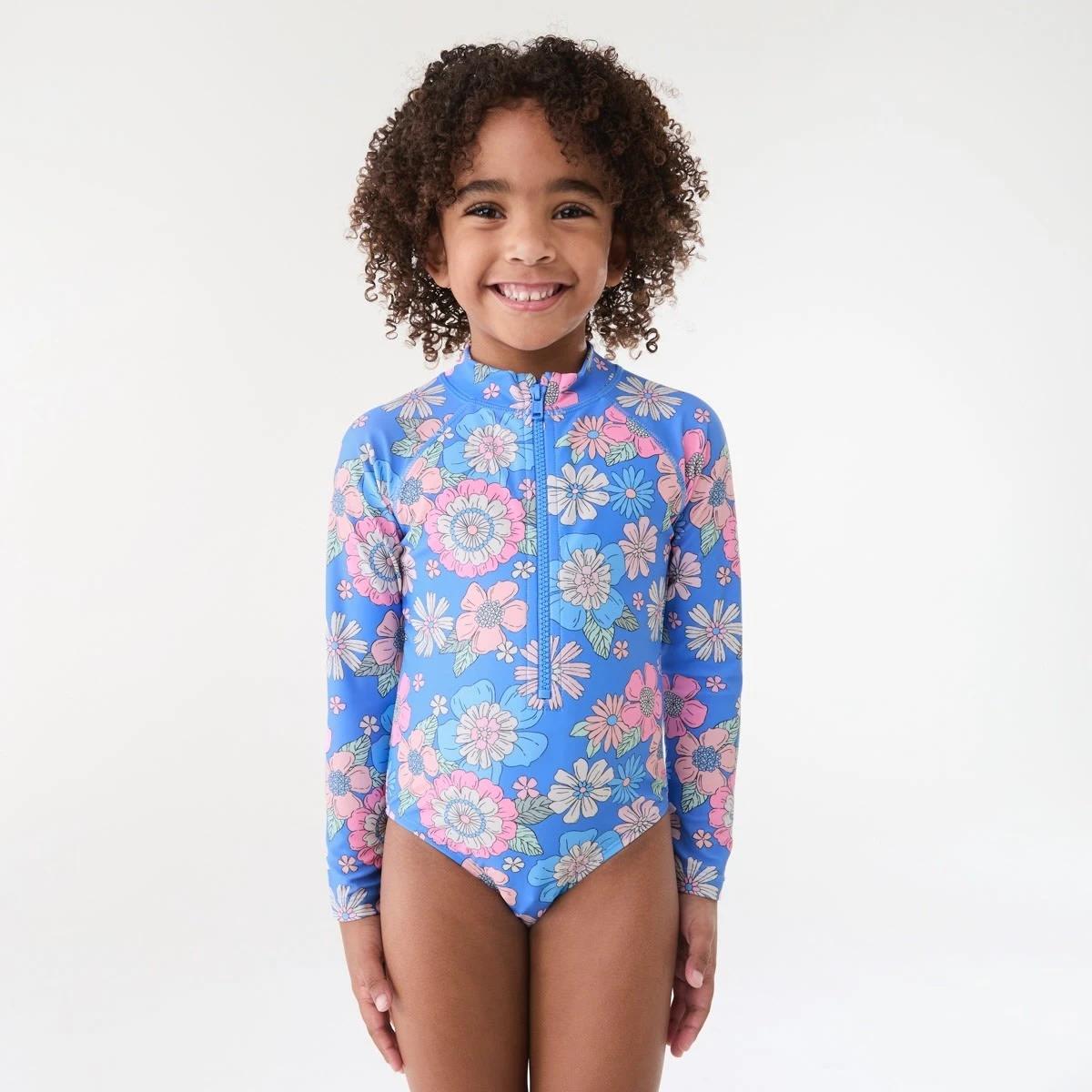 1 Long Sleeve One Piece Swimsuit Blu Flower, 1 of 7