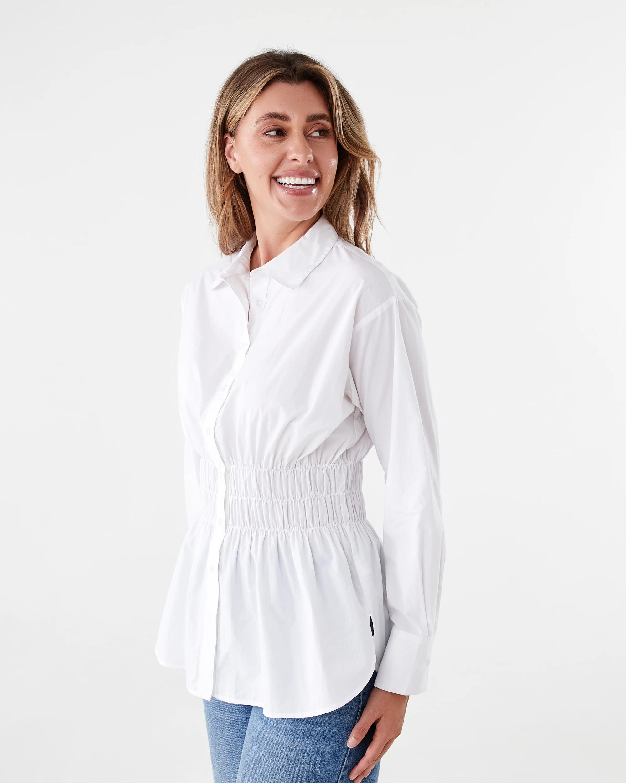 3 Long Sleeve Shirred Waist Shirt White, 3 of 8