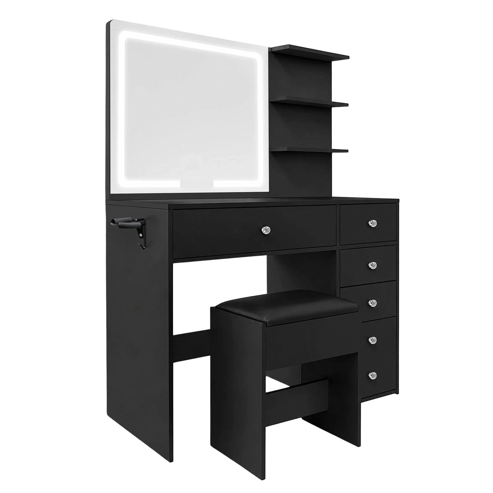 4 Ausway Dressing Table Stool Set with LED Lighted Mirror 3 Lighting Colours Drawers Shelves Glass Tabletop, 4 of 6