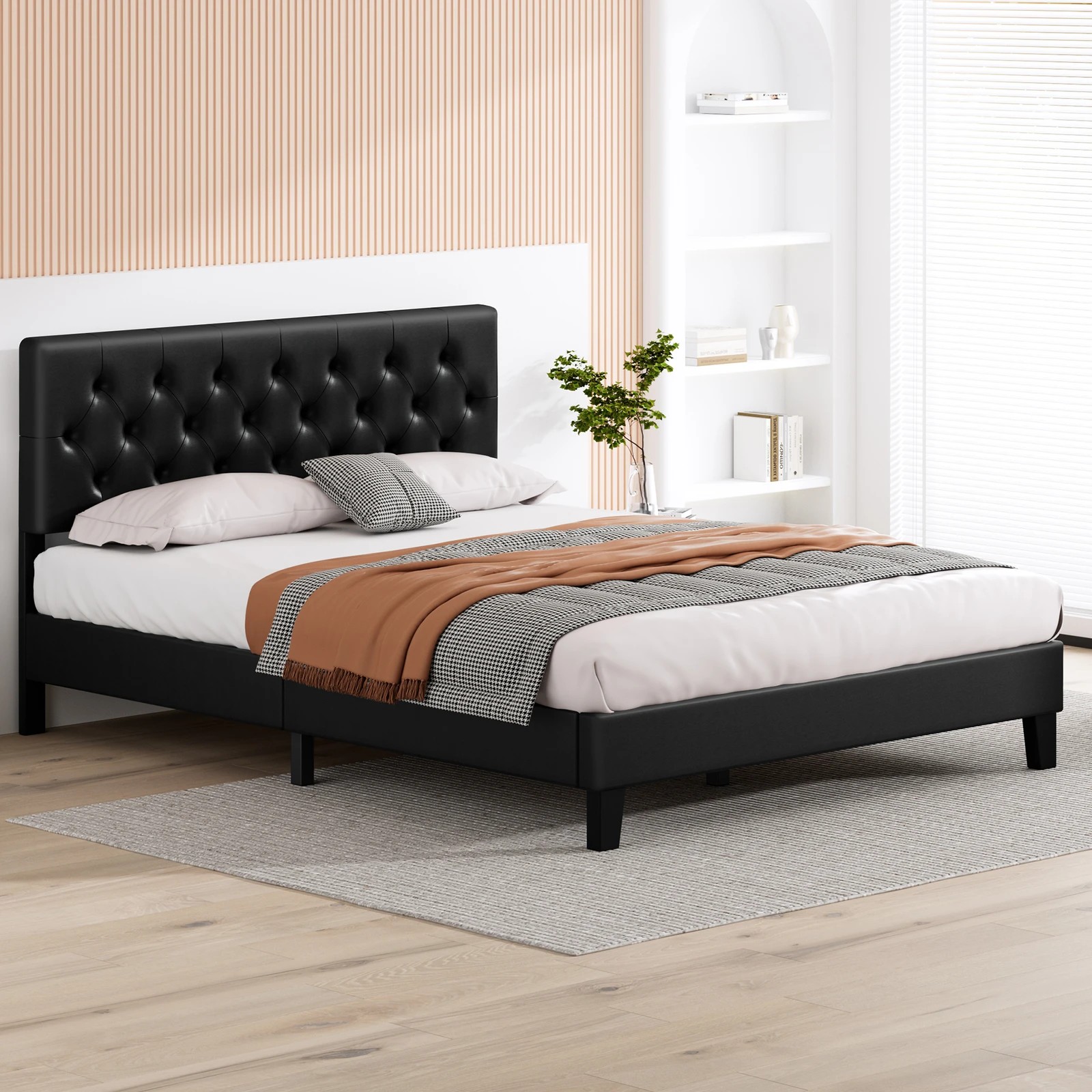 4 Alfordson Bed Frame Double Size Tufted Headboard Modern Leather Meduna - Black, 4 of 9