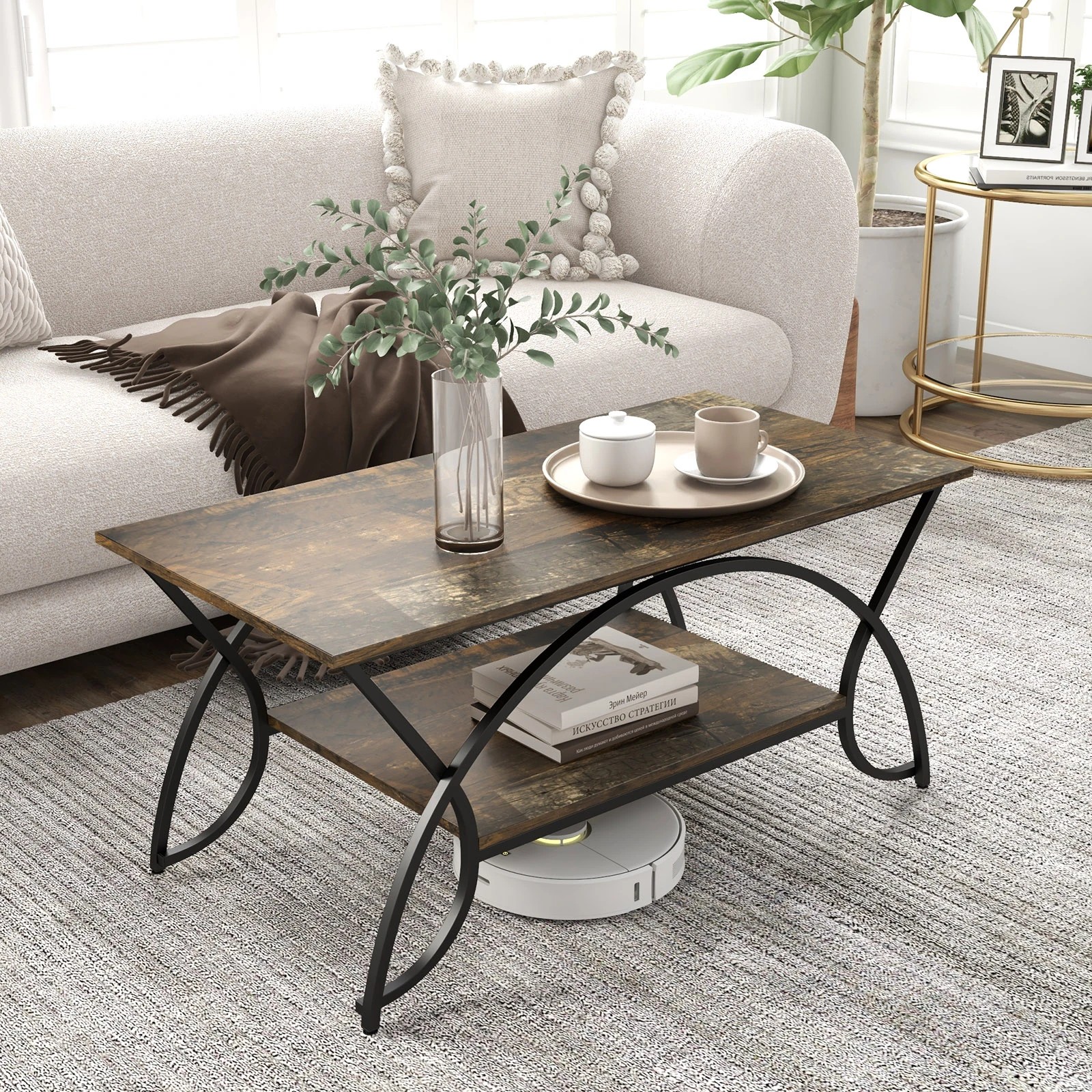 4 Costway 2-Tier Coffee Table Rectangular Cocktail Table w/Arched Metal Frame, 4 of 5