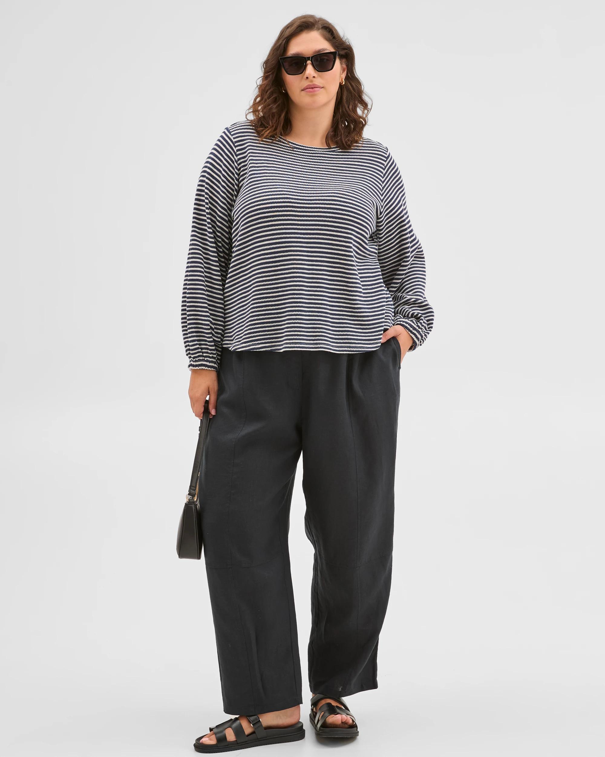 2 Target Curve Plus Size Australian Cotton Long Sleeve Stripe Textured Top NAVY BLAZER/CLOUD DANCER, 2 of 6