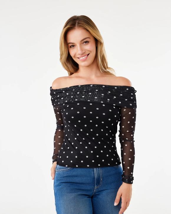 Long Sleeve Mesh Off Shoulder Top