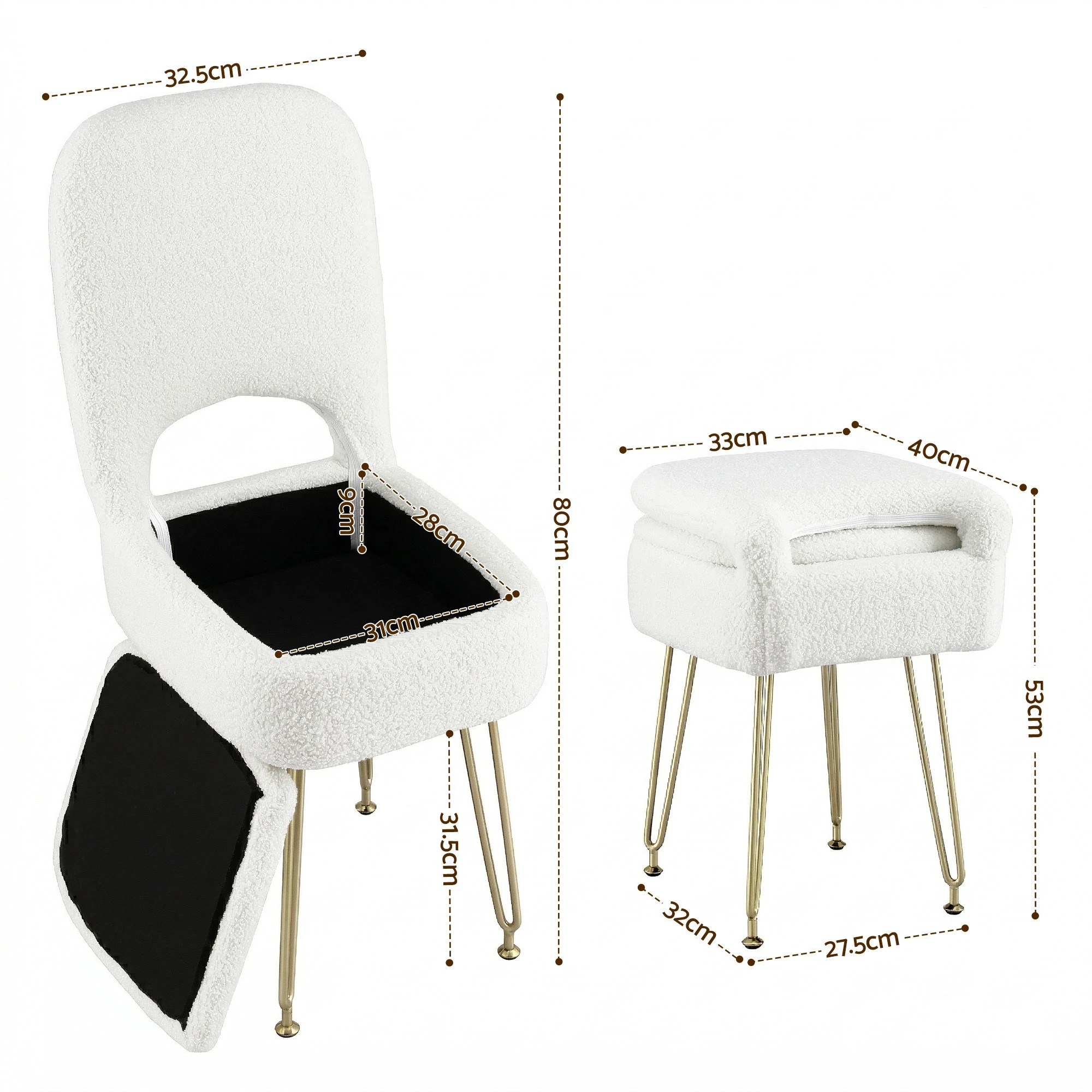 2 Artiss Storage Ottoman Vanity Stool Foot Stool Folding Back - White, 2 of 8