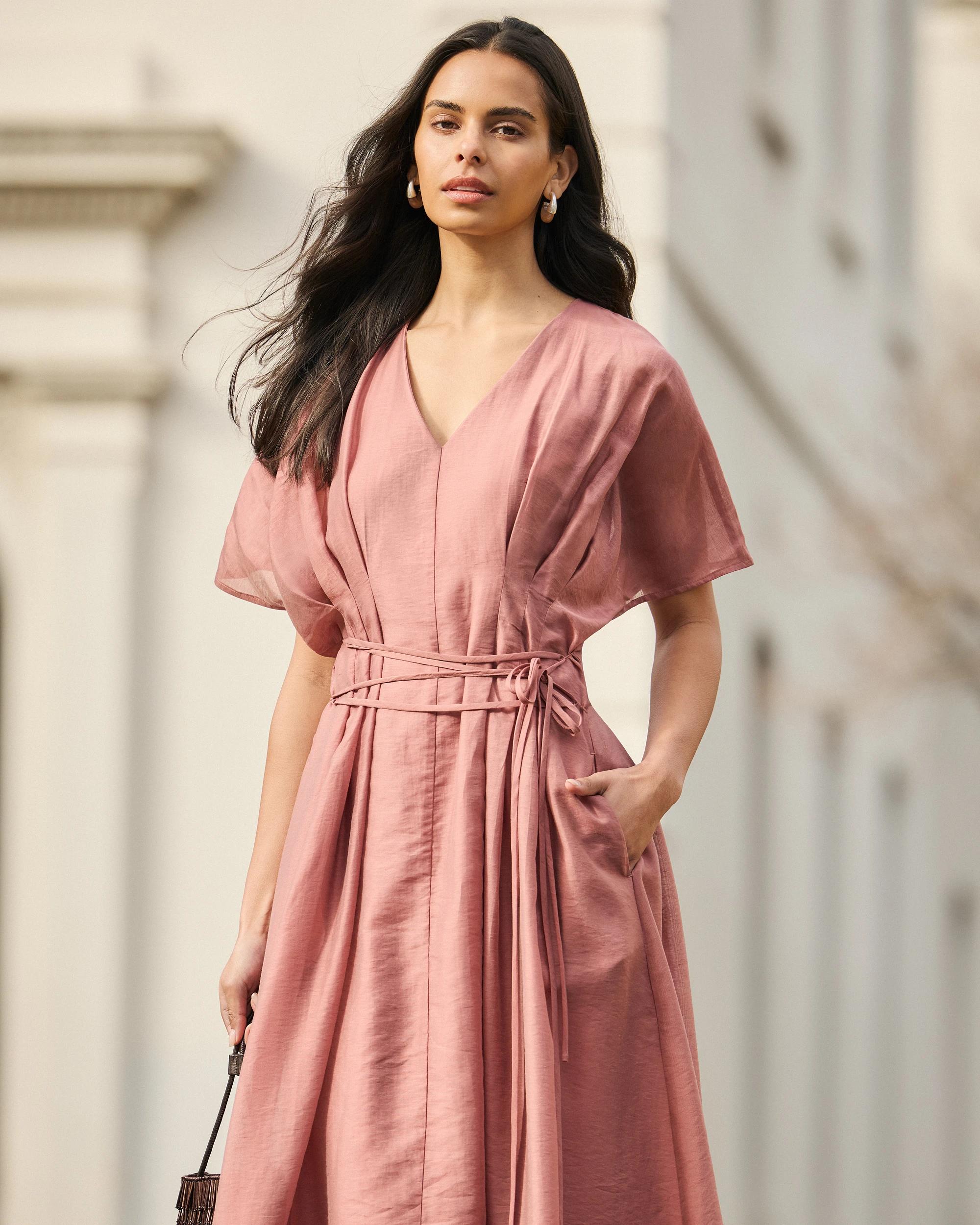 8 Preview Short Sleeve Tuck Detail Midi Dress ROSE SMOKE, 8 of 10