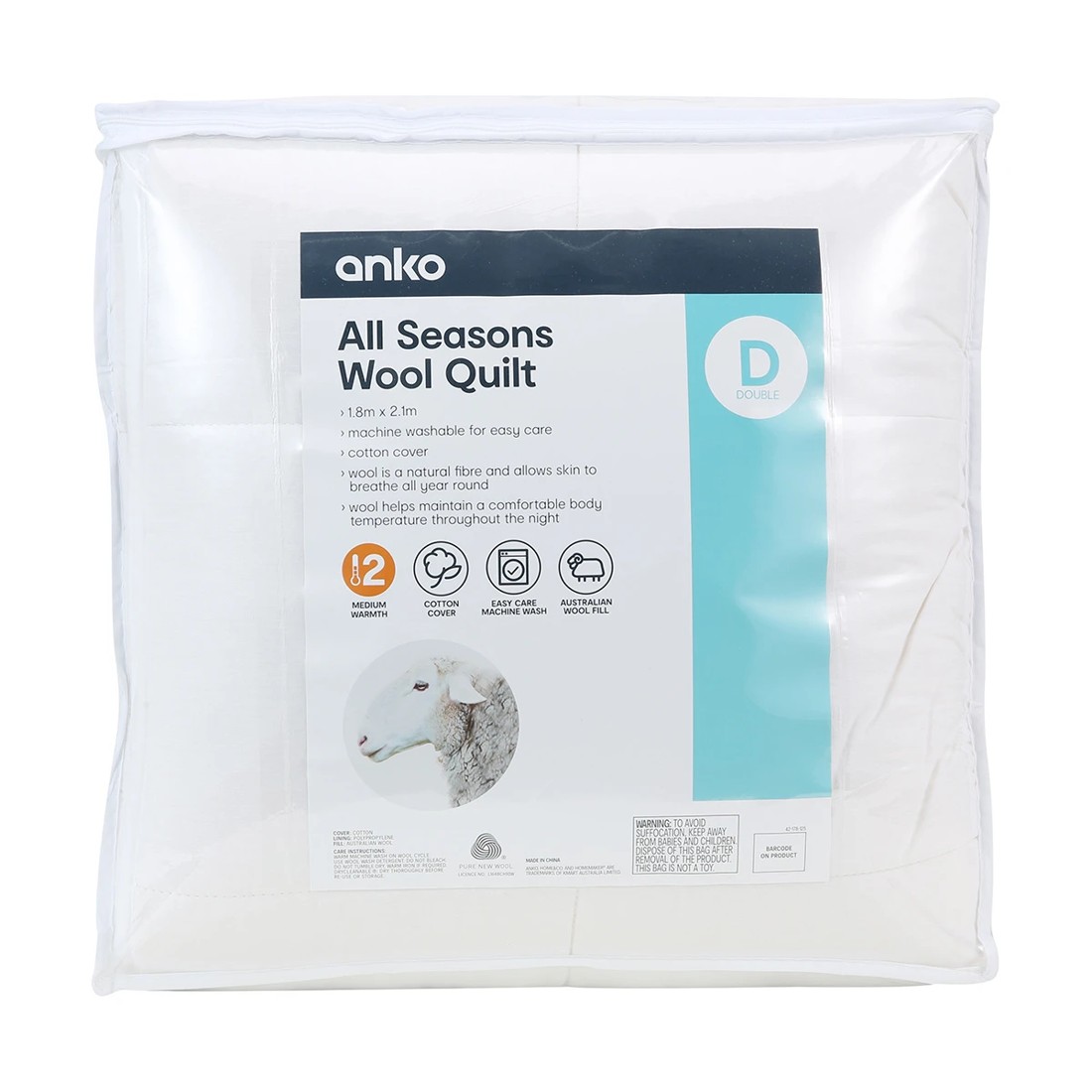 1 Medium Warmth All Seasons Wool Quilt - Double Bed, White, 1 of 4