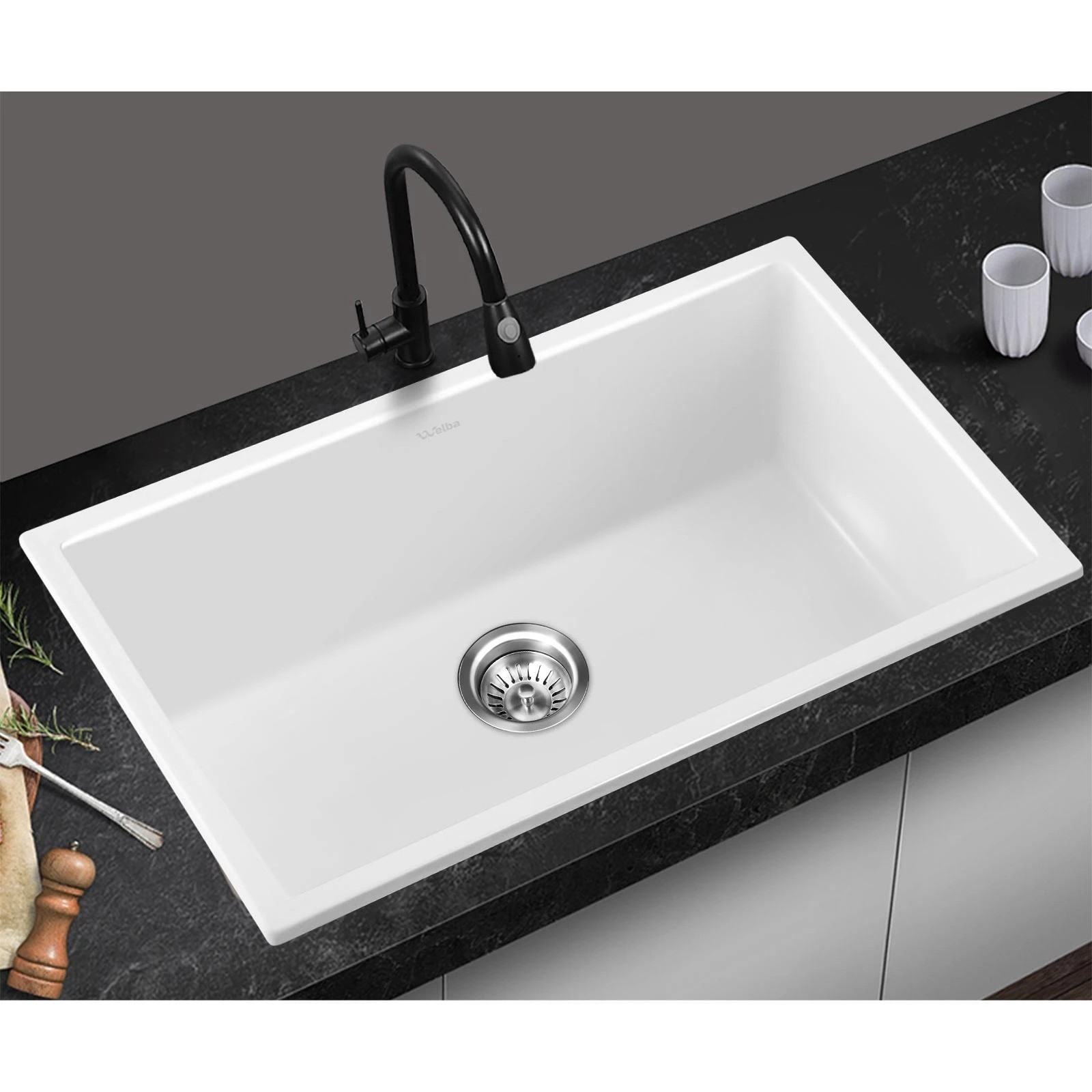 3 Welba Kitchen Sink 70x45cm Granite Stone Sink Laundry Basin Single Bowl - White, 3 of 7