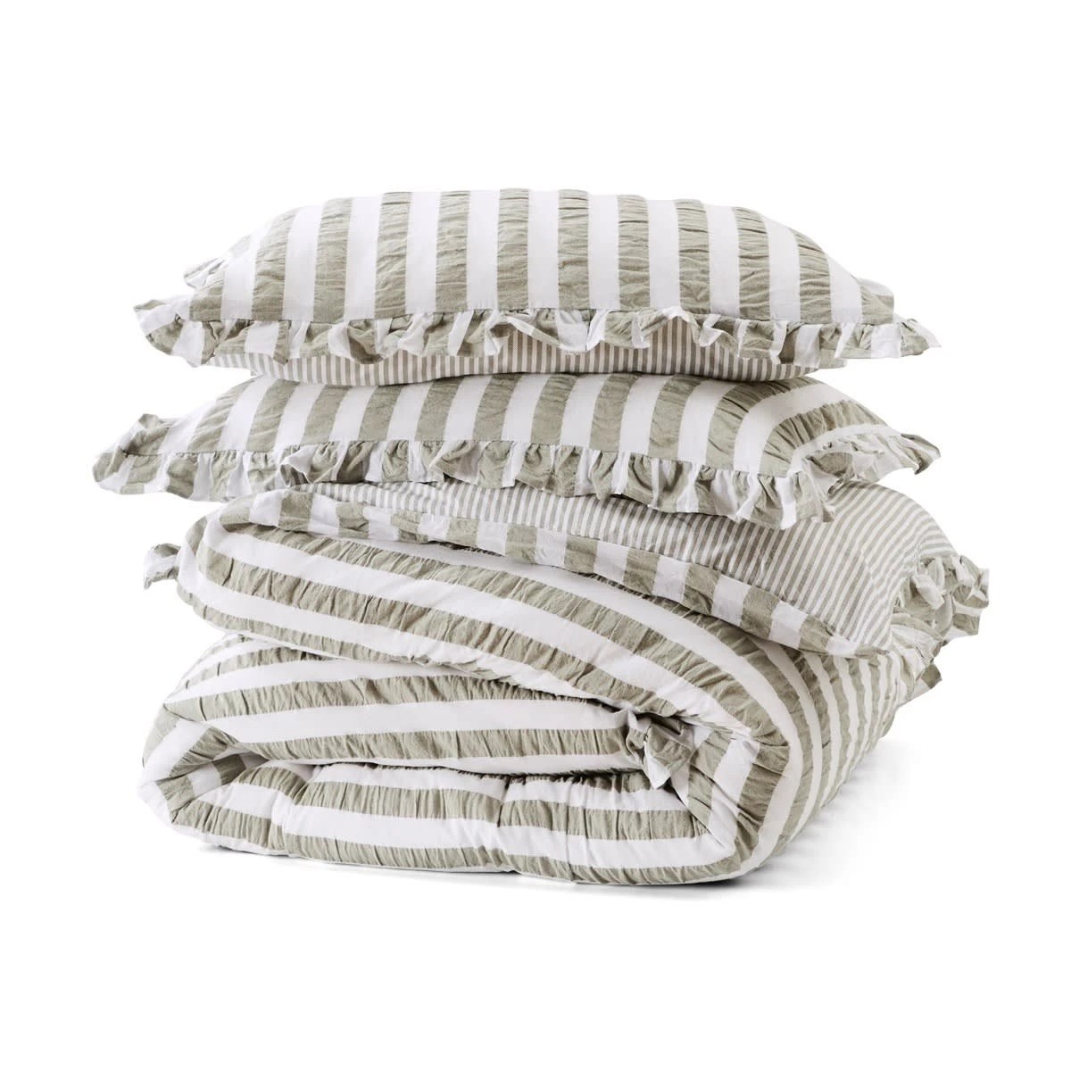 6 Ruffle Stripe Cotton Reversible Quilt Cover Set - Queen Bed, Seagrass, 6 of 7