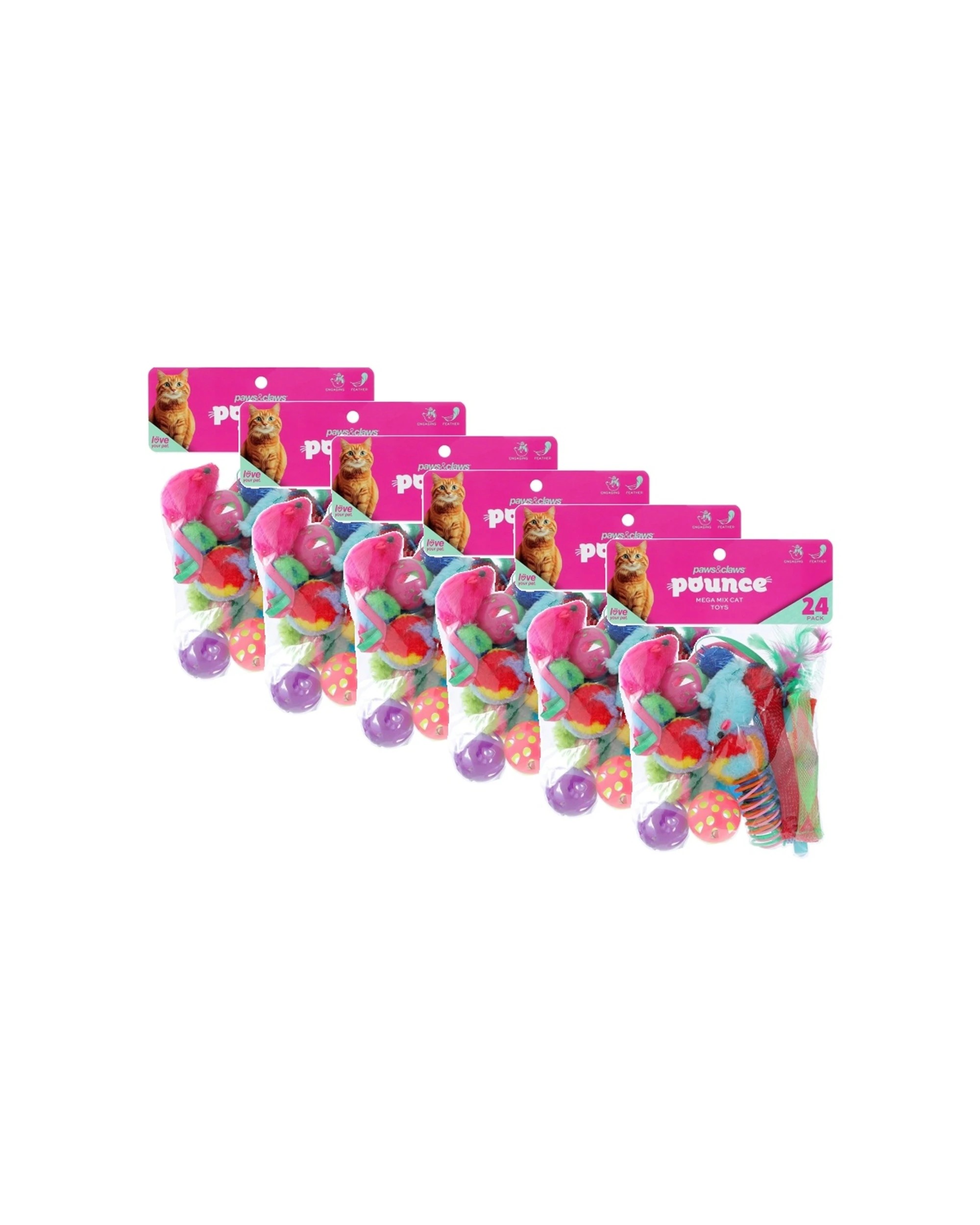 1 Paws & Claws 6x 24pc Pounce Mega Mix Pet Cat Toys Set 23x15cm 73g - Assorted, 1 of 4