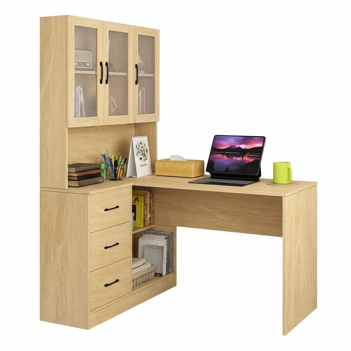 4 AUSWAY 3-in-1 Computer Desk Bookcase Storage Cabinets Home Office Work Study Table with Shelves & Drawers, 4 of 4