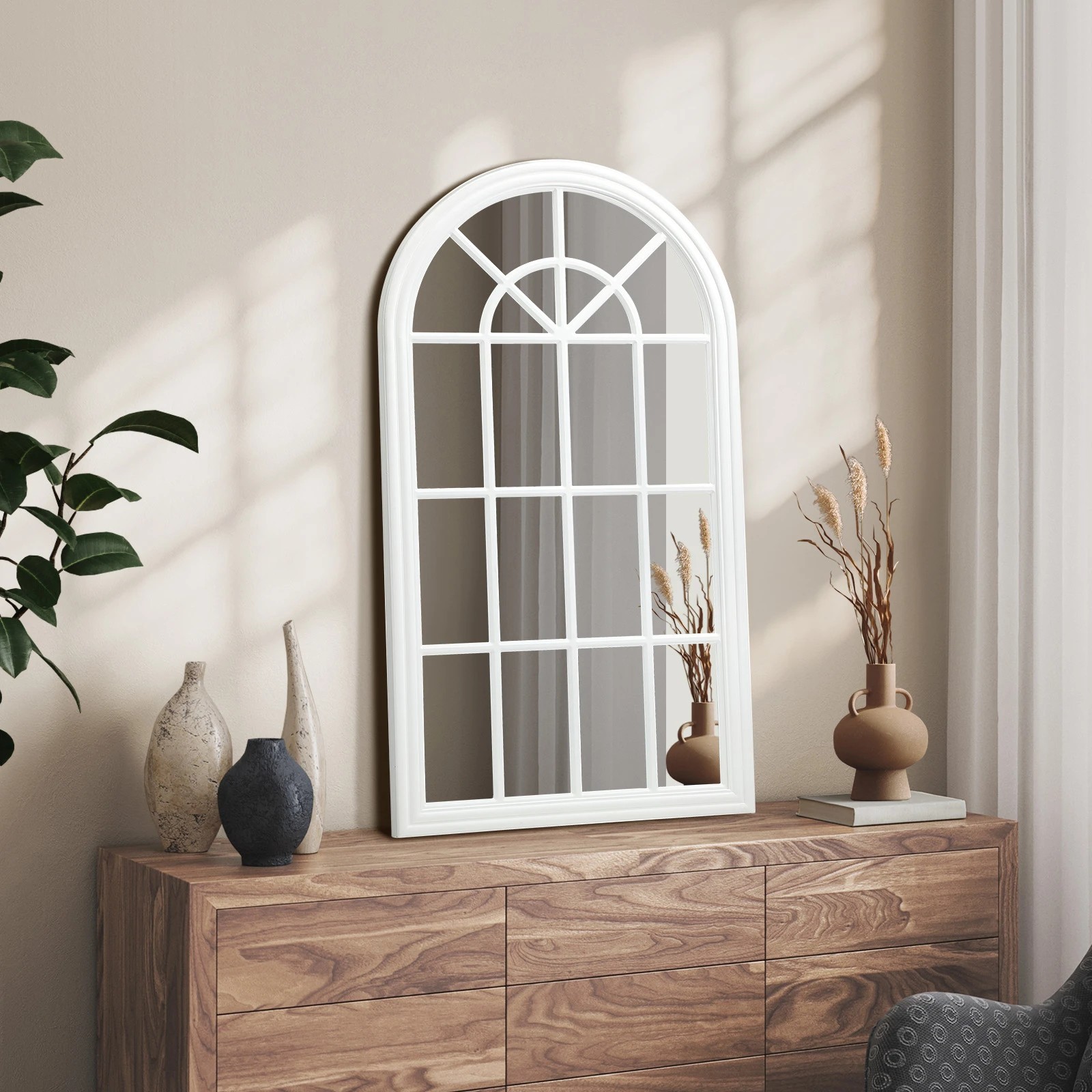 2 Oikiture Window Mirror Arched Wall Mirrors Decor 76x51cm Wooden
 - White, 2 of 9