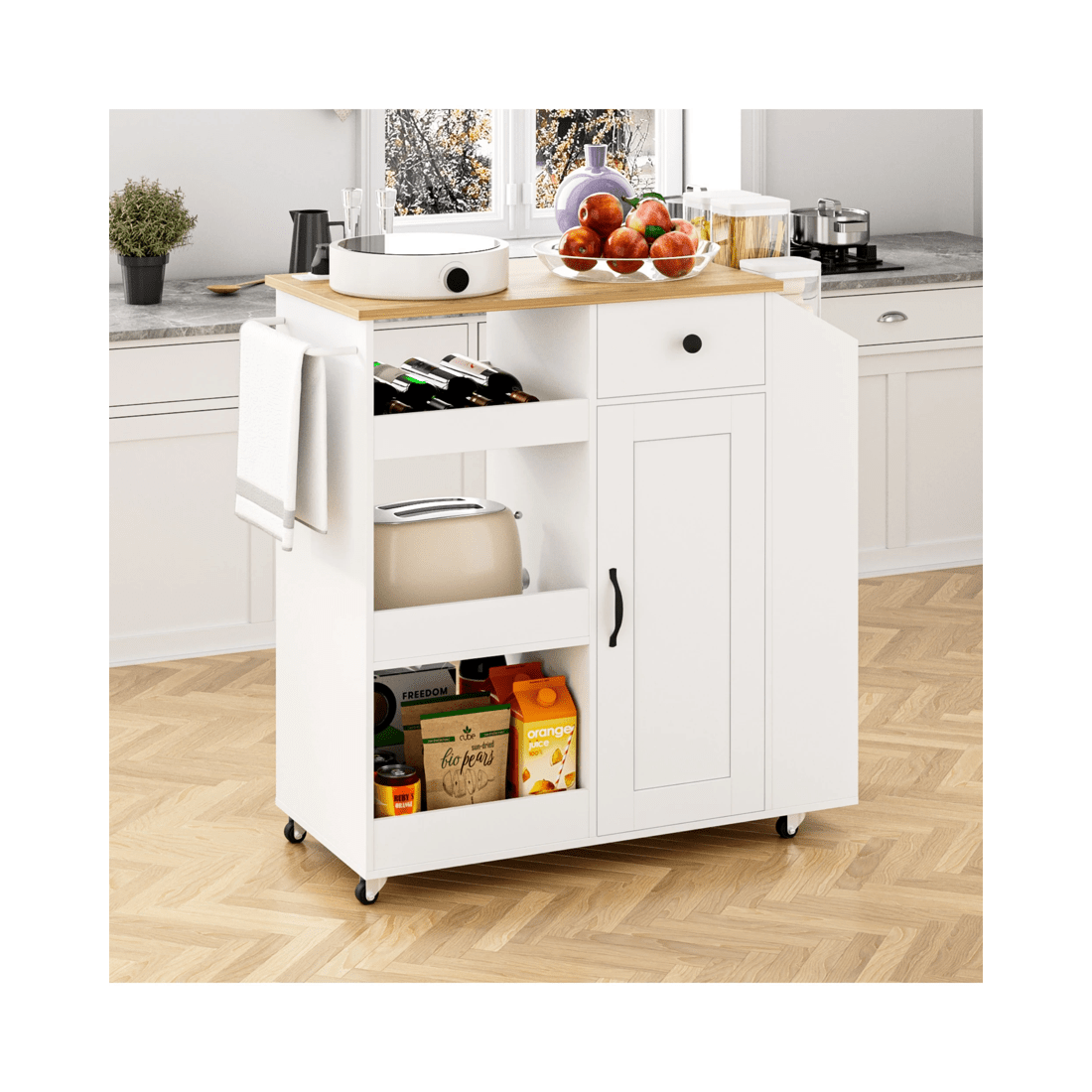 7 Advwin Kitchen Island Cart on Wheels with Charging Station Adjustable Shelves Wine Rack& Wood Top - White, 7 of 8