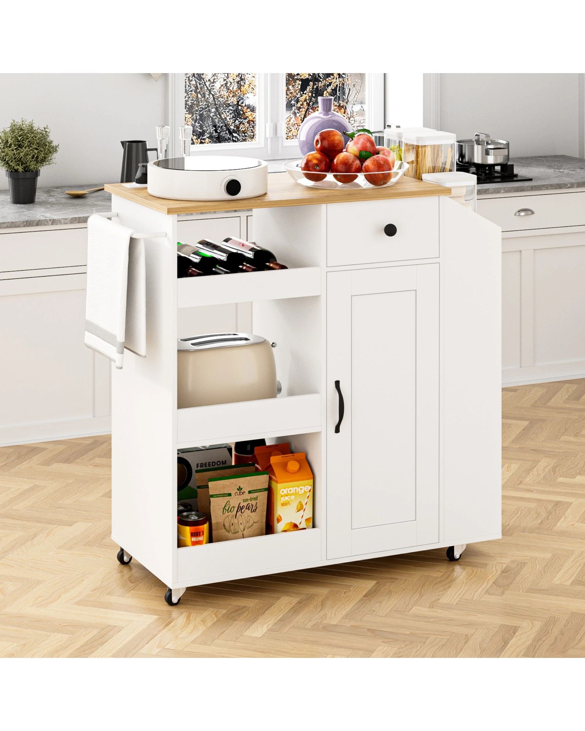 7 Advwin Kitchen Island Cart Rolling Trolley Cabinet on Wheels with Charging Station Adjustable Shelves Wine Rack - White, 7 of 8
