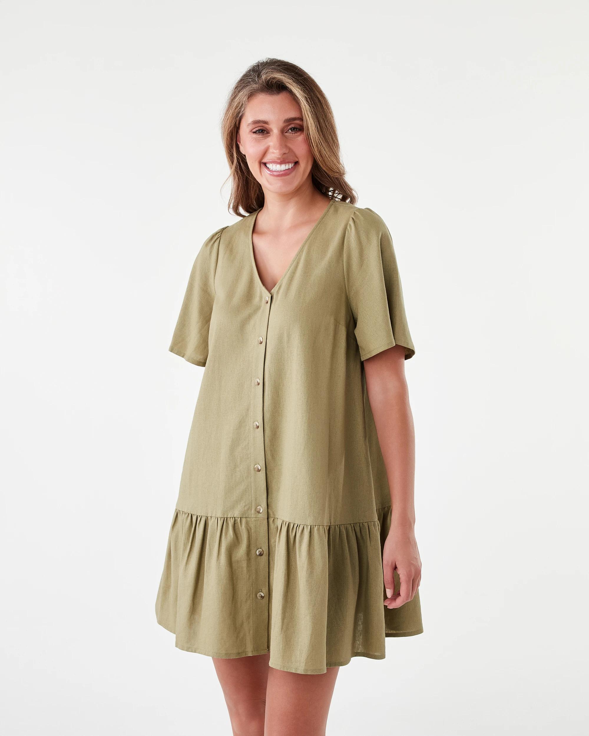 1 Short Sleeve Linen Blend Drop Tier Mini Dress Urban Grn, 1 of 8