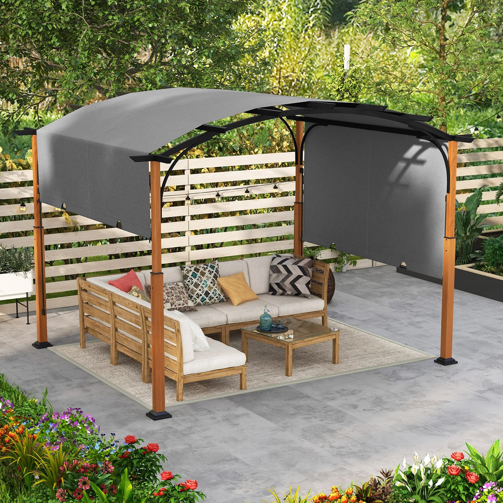 1 Costway 3 x 3.6m Outdoor Retractable Pergola Arched Patio Pergola - Grey, 1 of 2