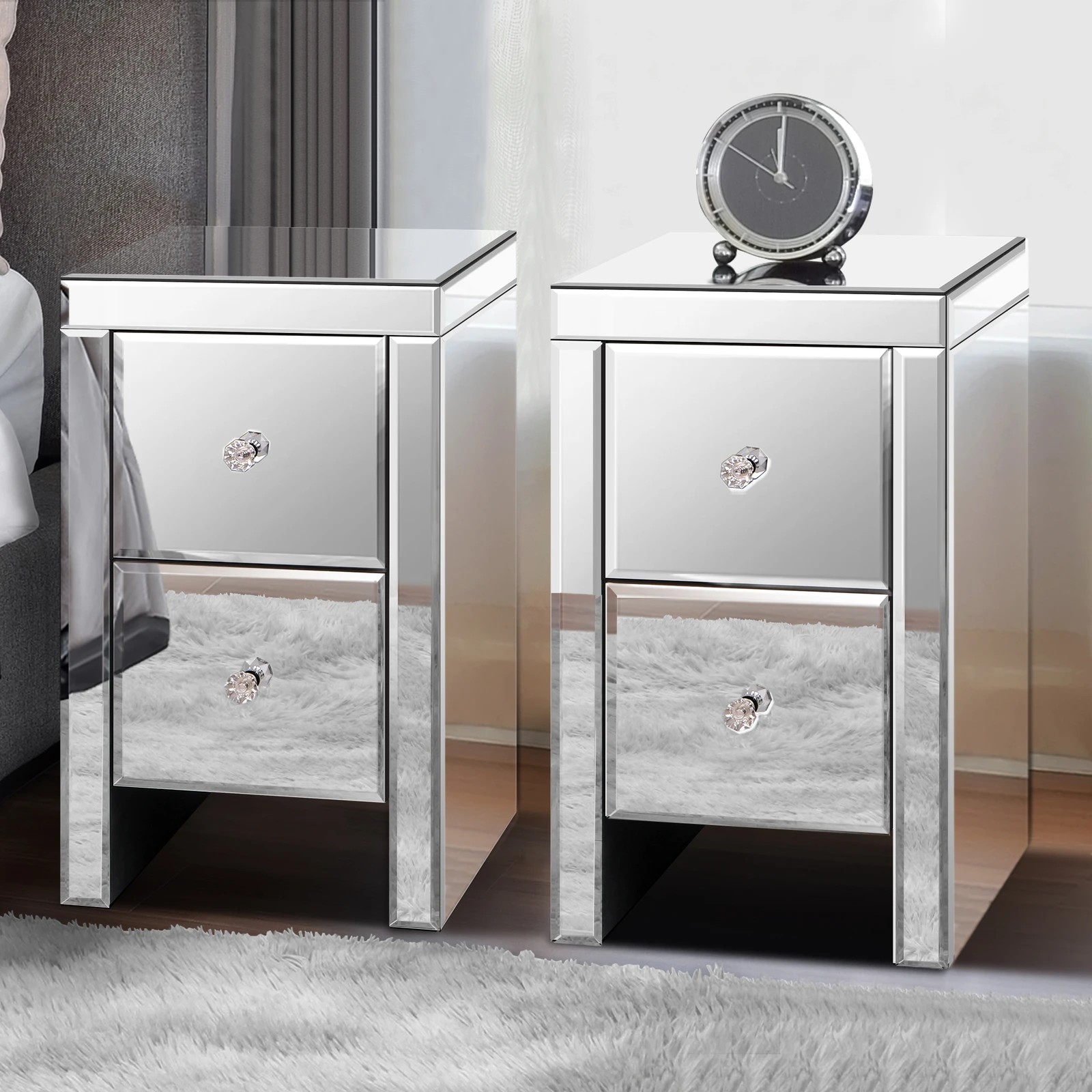 1 Alfordson 2x Mirrored Bedside Table Nightstand Storage Drawers - Silver, 1 of 10