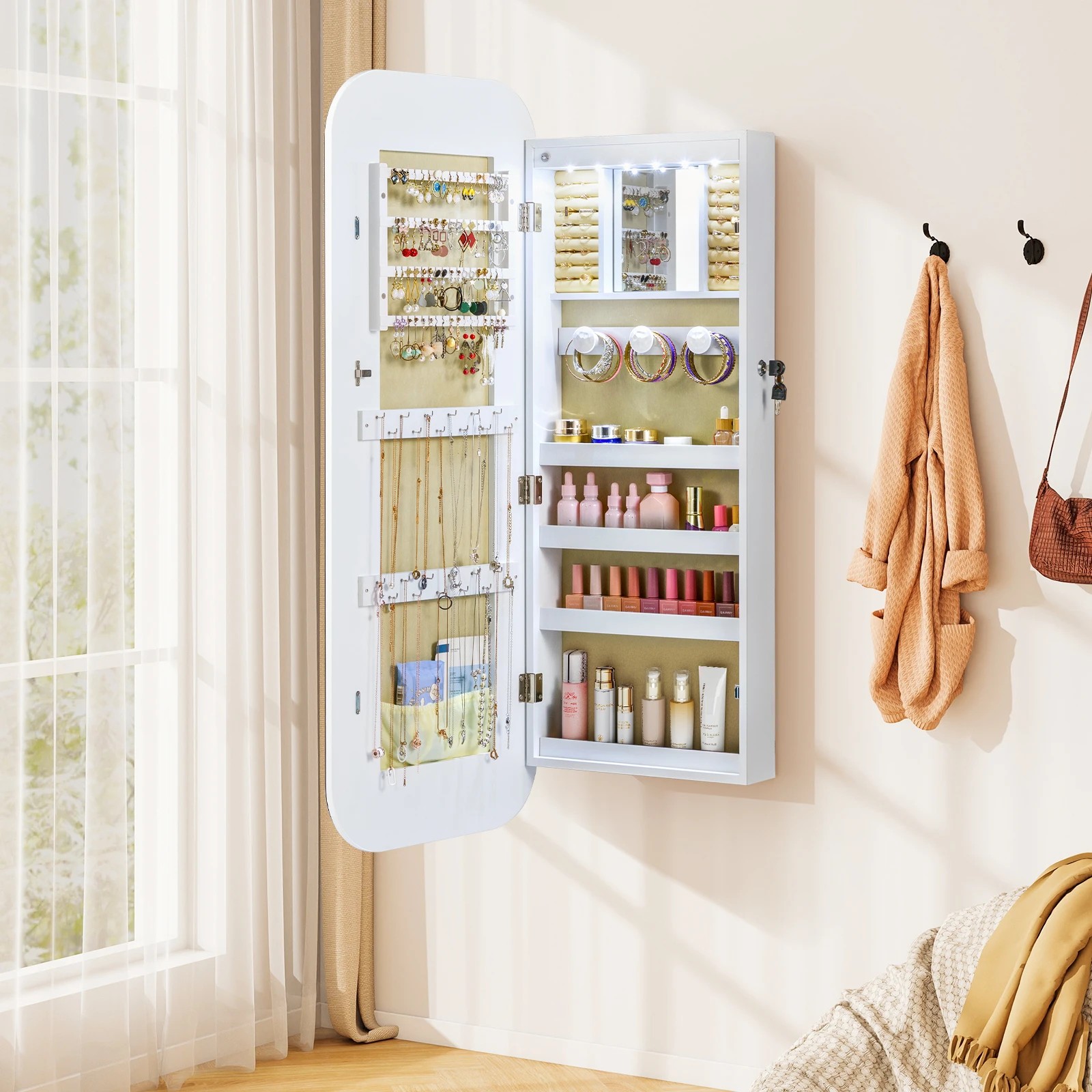 3 Costway 2 in 1 Jewellery Cabinet LED Makeup Storage Organiser w/Extra-wide Mirror Mounted Armoire - White, 3 of 4