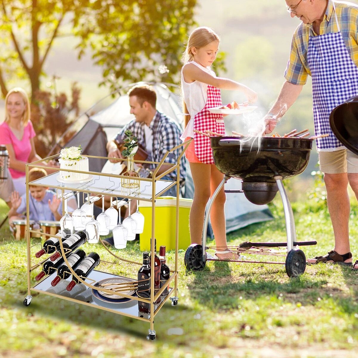 2 Ausway Bar Cart Drinks Trolley Wine Coffee Tea - Gold, 2 of 6